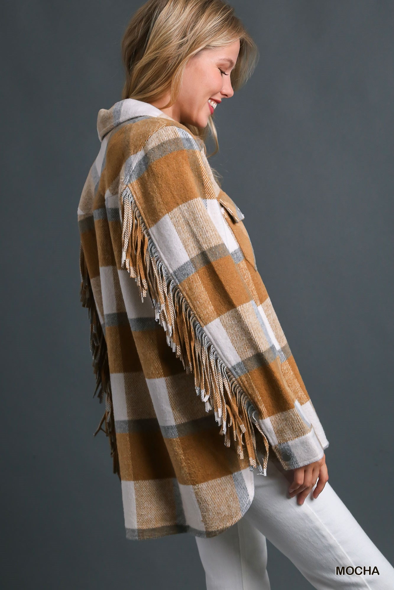 Umgee Contrast Plaid Chest Pockets & Fringe Sleeve Jacket