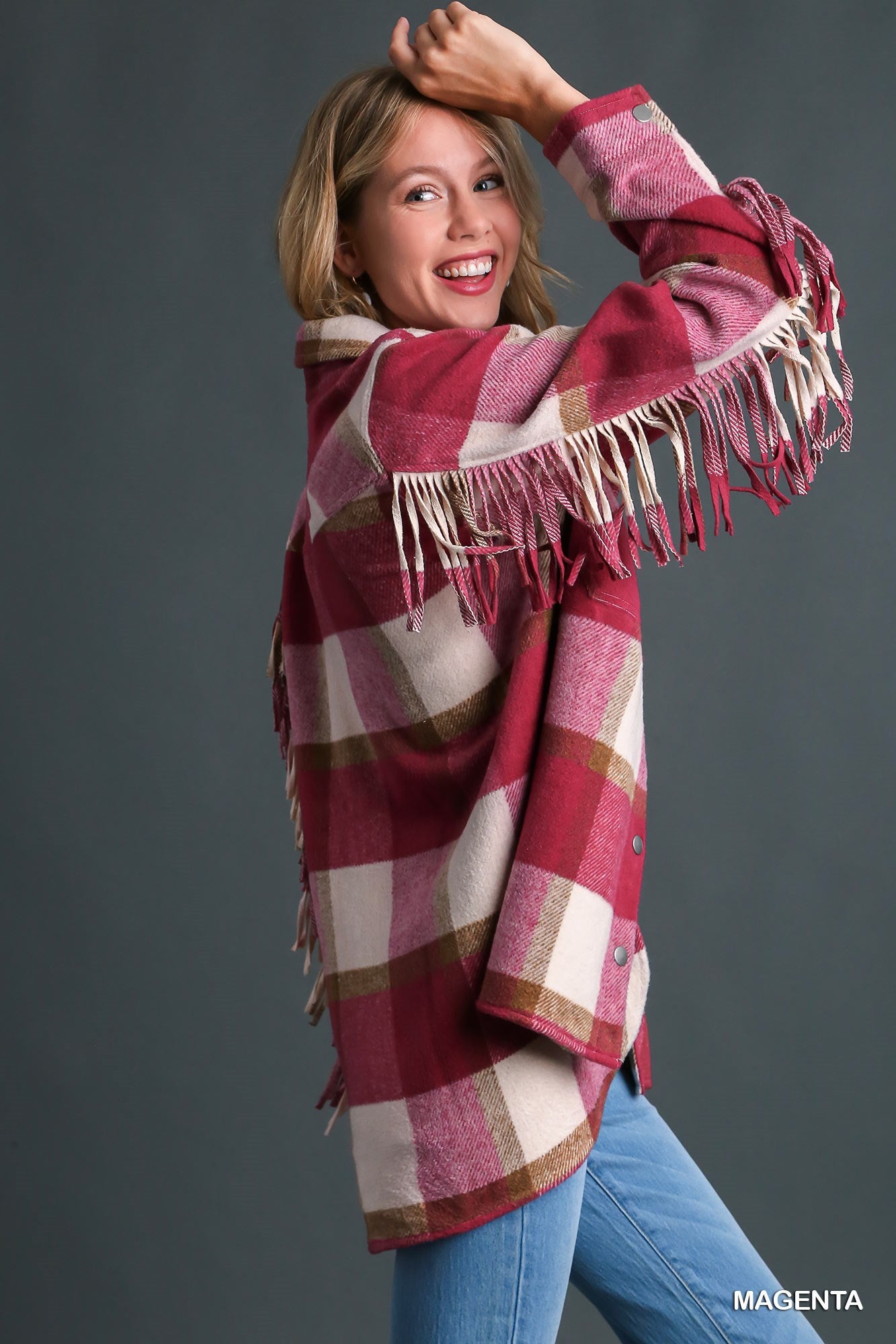 Umgee Contrast Plaid Chest Pockets & Fringe Sleeve Jacket - Roulhac Fashion Boutique