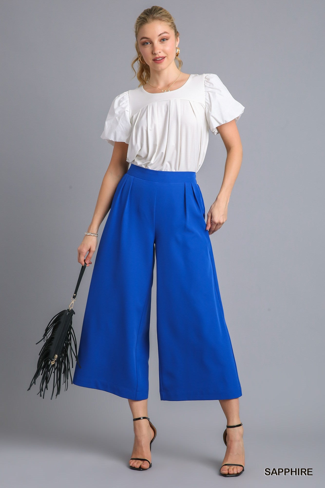 Umgee Cropped Elastic Waistband Pleats Trouser