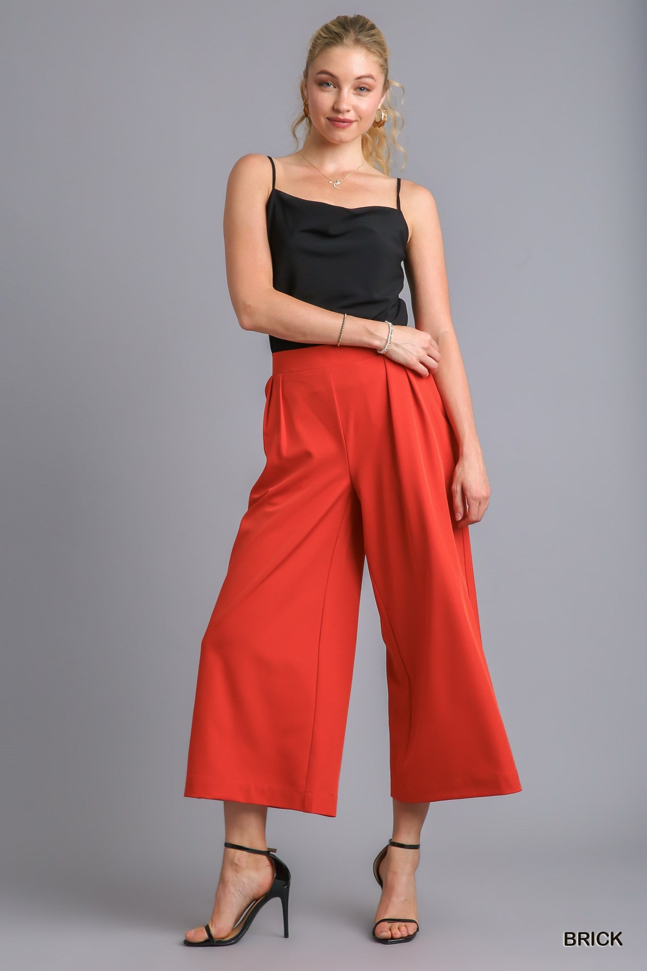 Umgee Cropped Elastic Waistband Pleats Trouser
