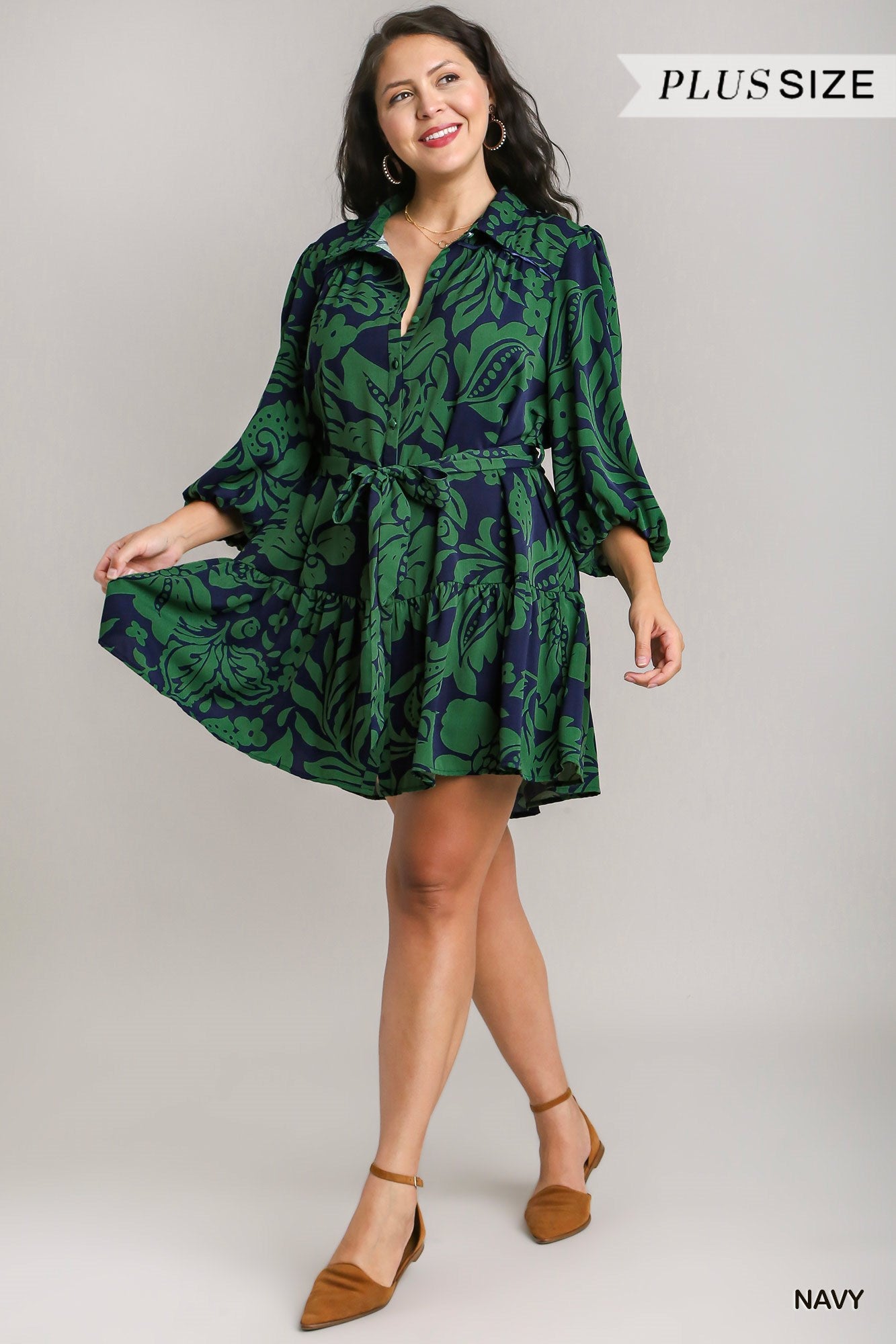 Umgee Plus Two Tone Floral Belt Dress