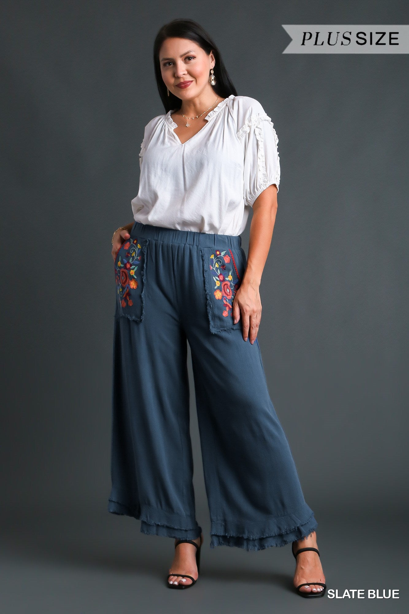 Umgee Plus Elastic High Waist Wide Ruffle Leg Pants