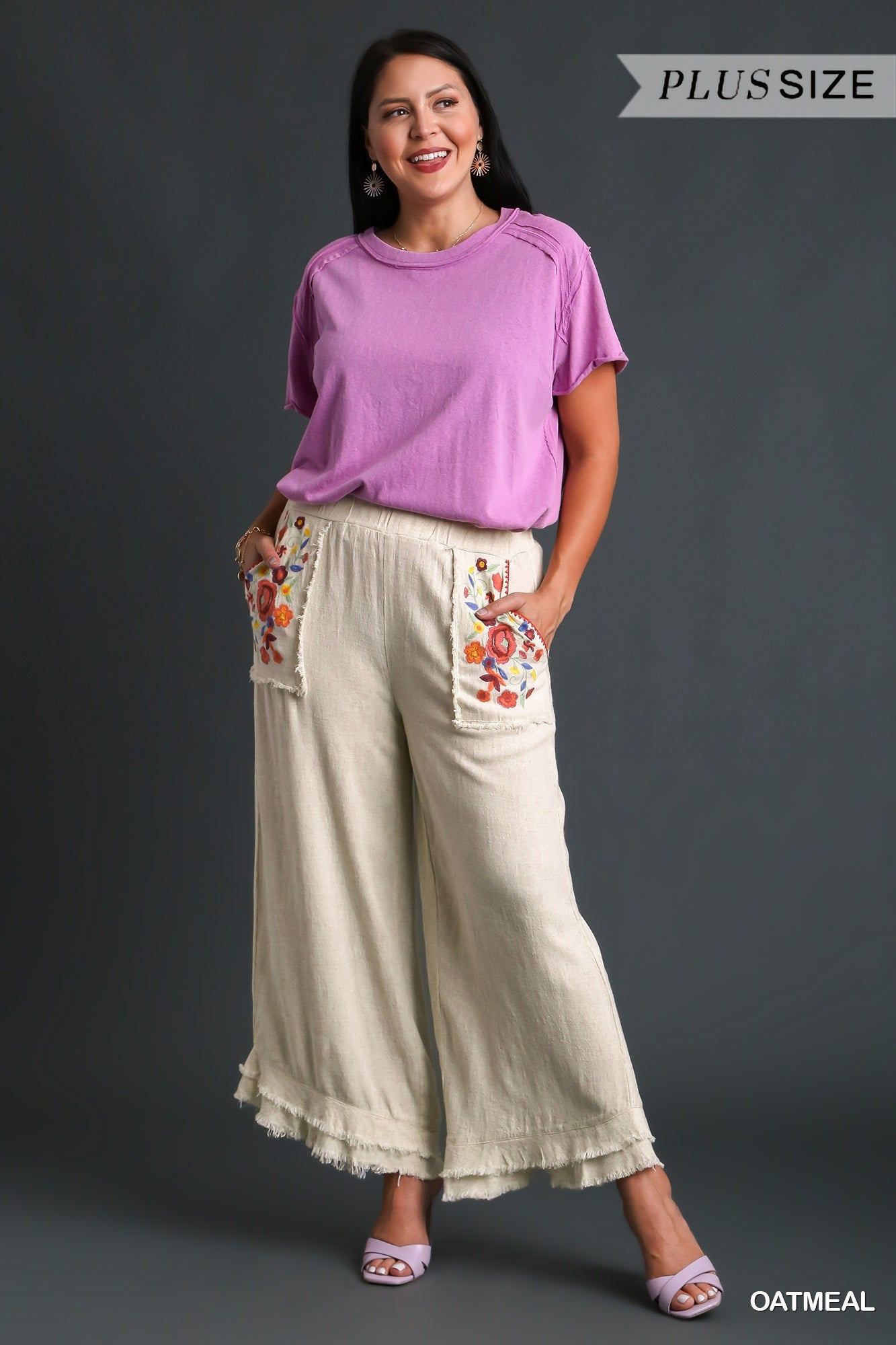 Umgee Plus Elastic High Waist Wide Ruffle Leg Pants