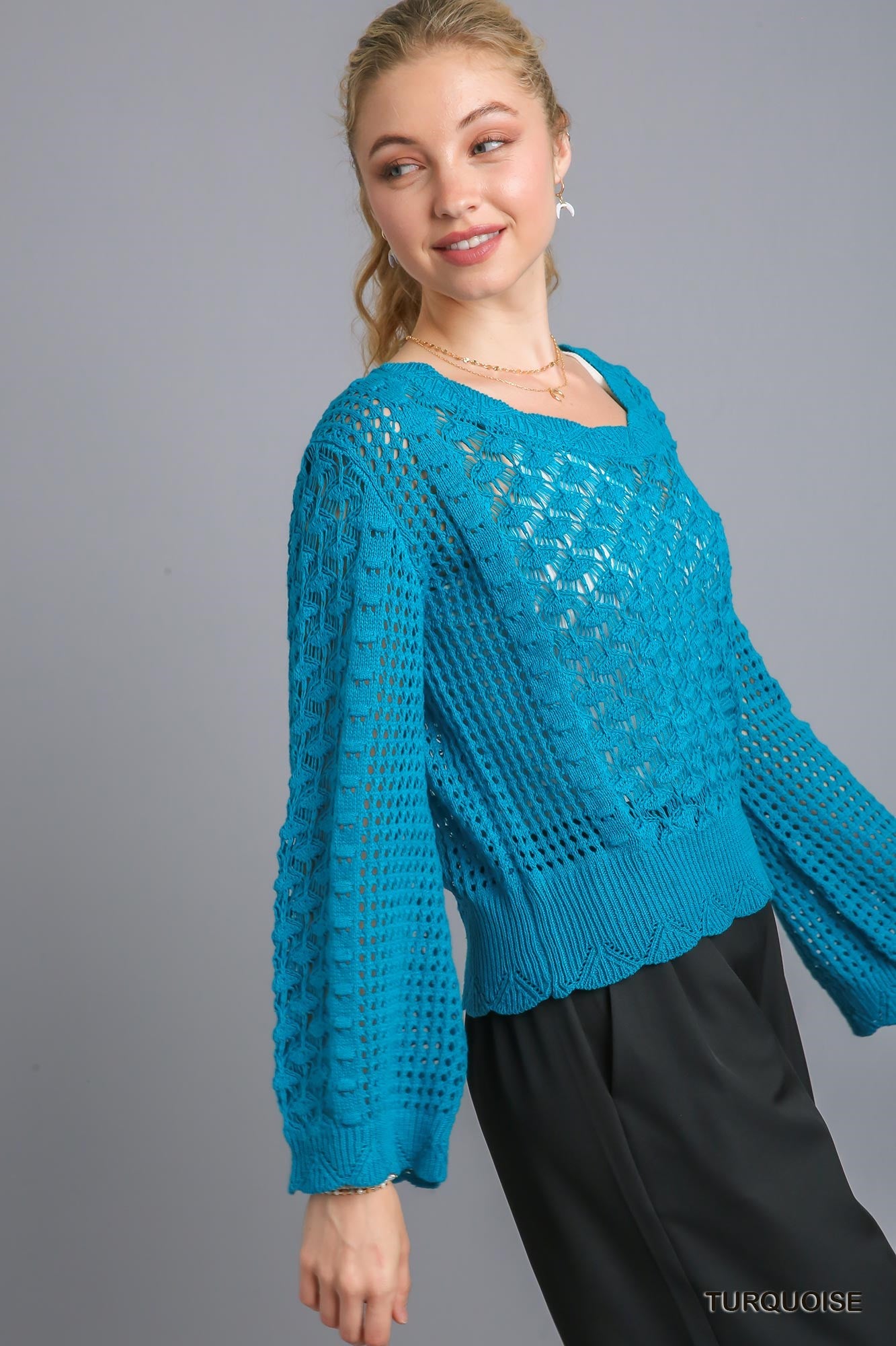 Umgee Crochet Light Weight Back Strap Pullover Sweater
