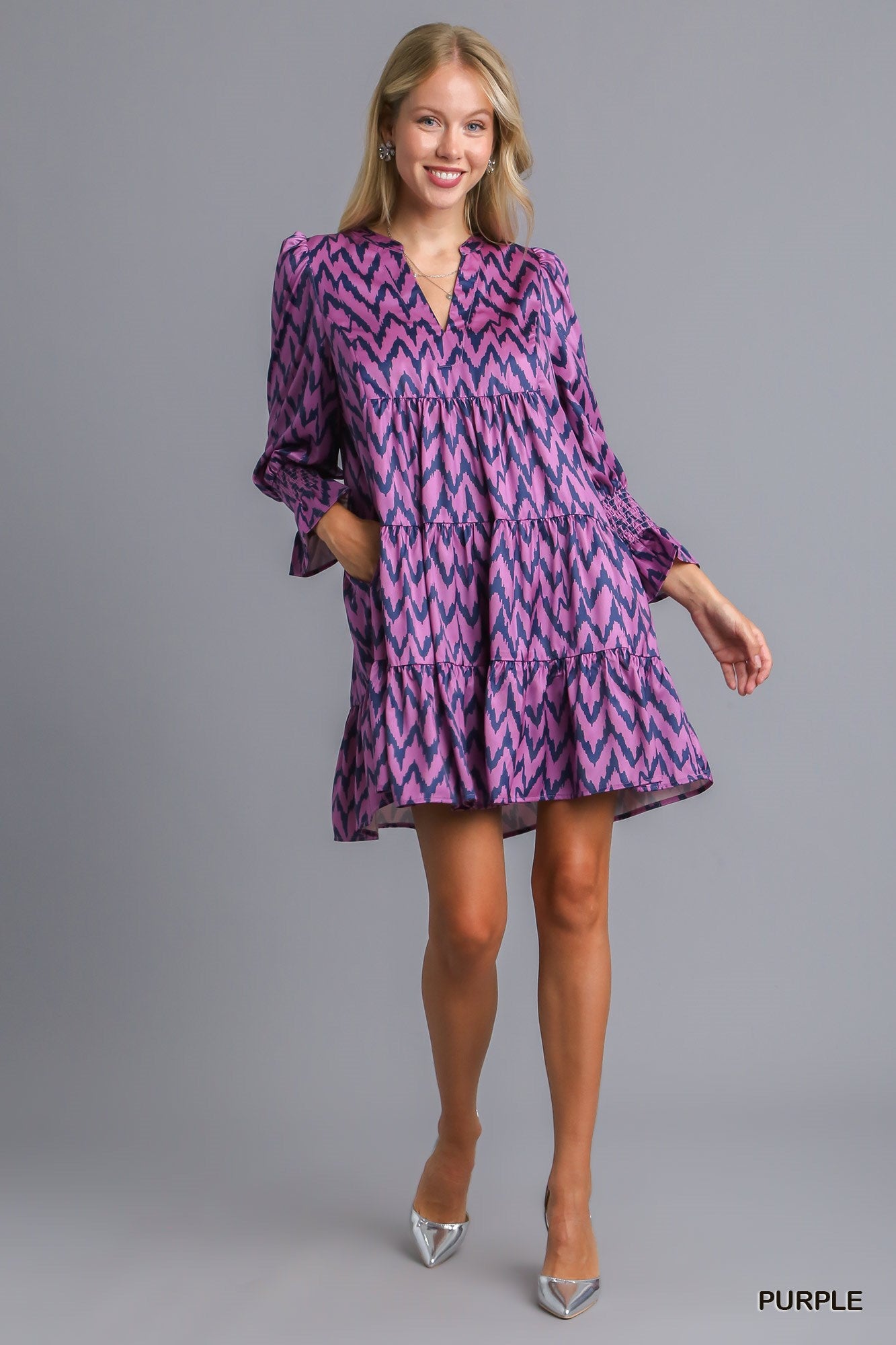 Umgee Hot Chevron Tiered Long Sleeve Ruffle Print Mini Dress - Roulhac Fashion Boutique