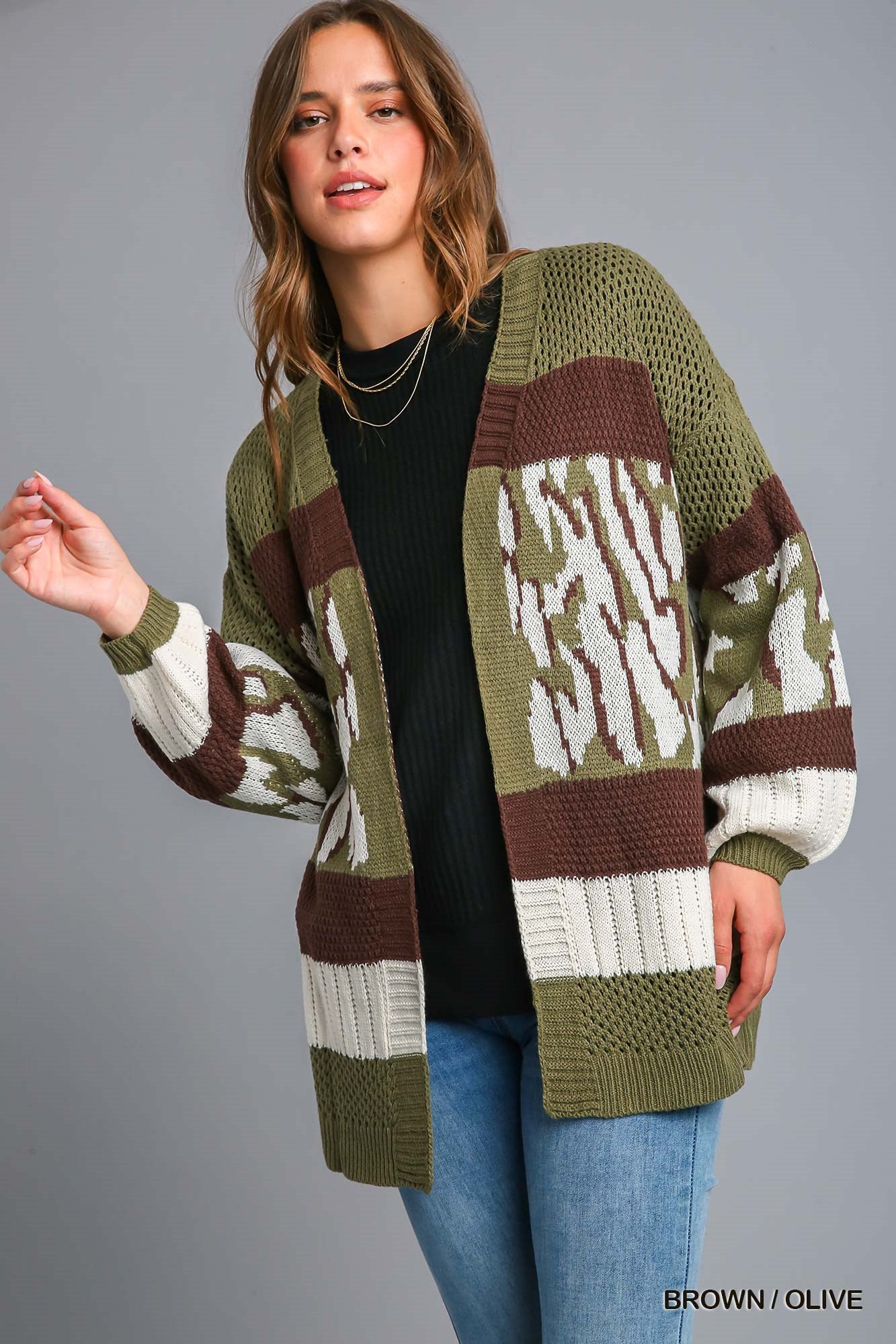 Umgee Multi Color Animal Print Colorblock Sweater Cardigan - Roulhac Fashion Boutique