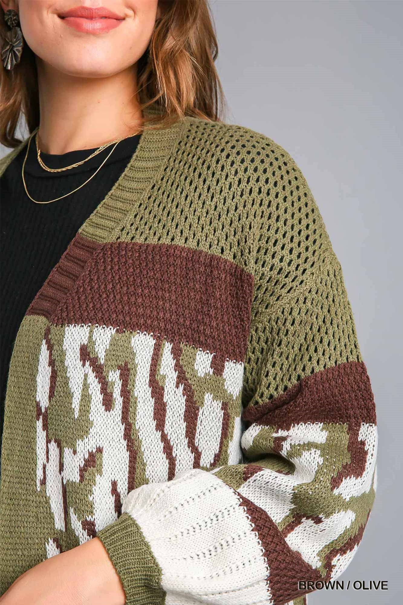 Umgee Multi Color Animal Print Colorblock Sweater Cardigan - Roulhac Fashion Boutique