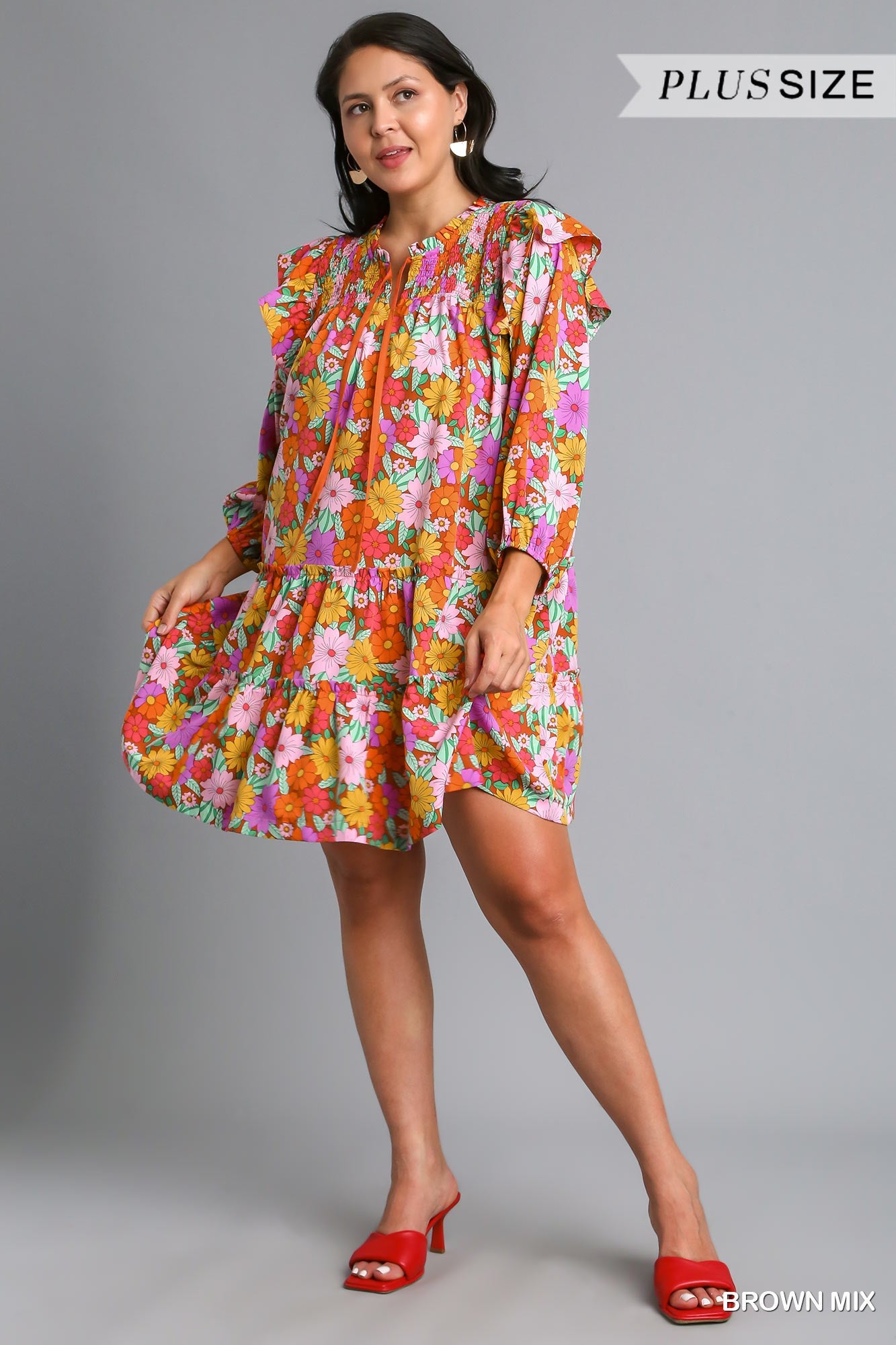 Umgee Plus Double Ruffle Flower Print Tiered Dress
