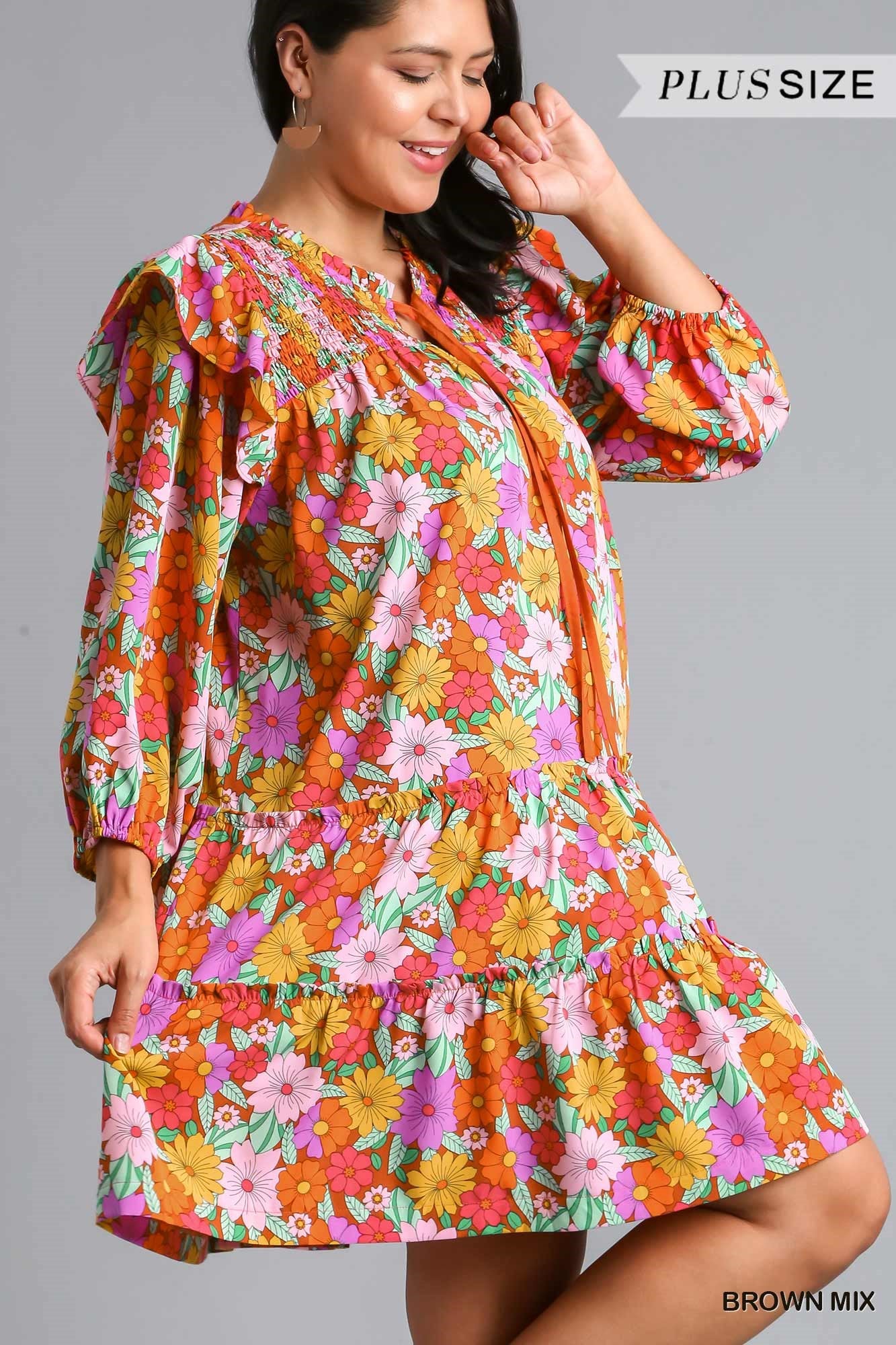 Umgee Plus Double Ruffle Flower Print Tiered Dress