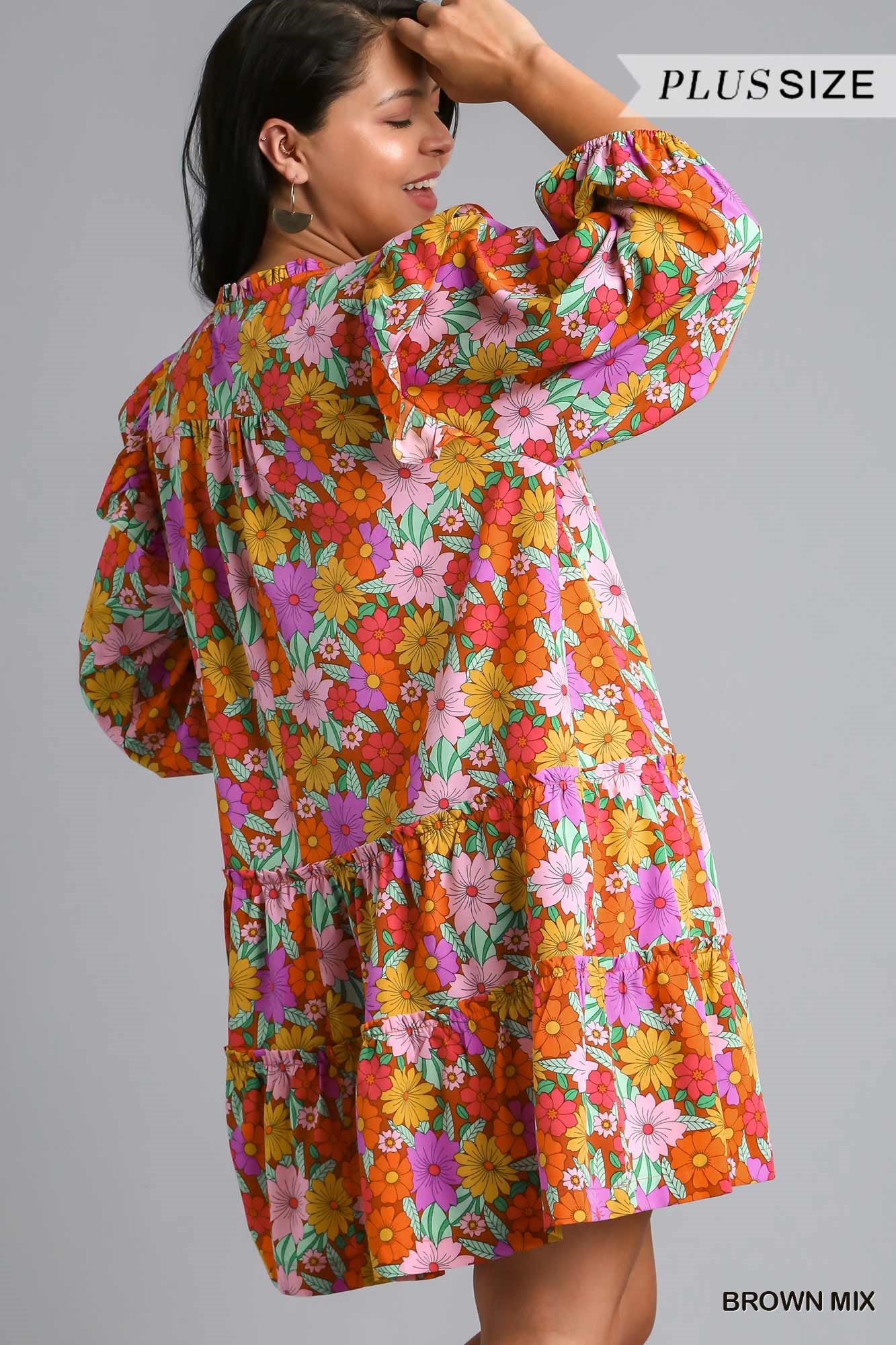 Umgee Plus Double Ruffle Flower Print Tiered Dress