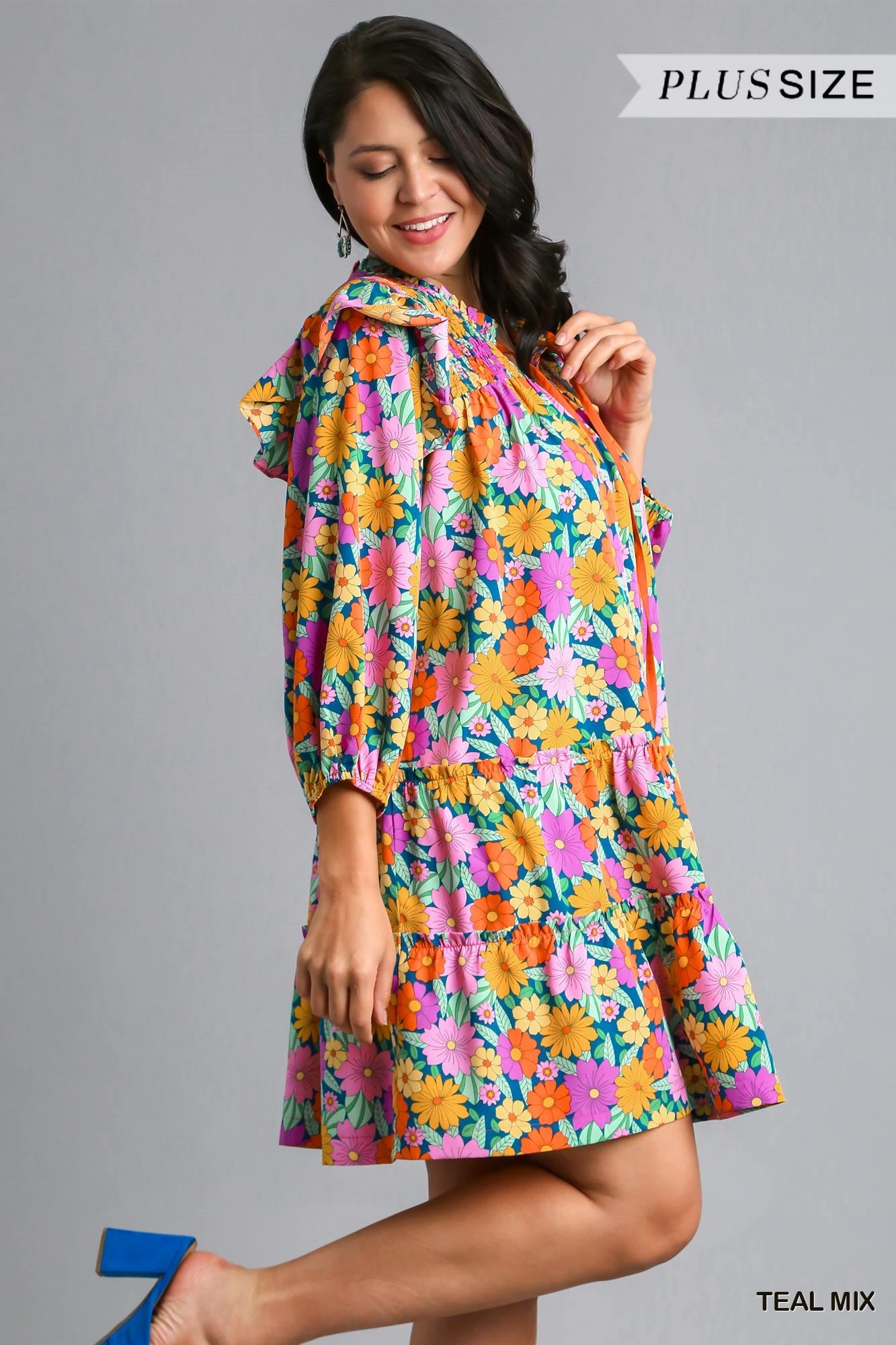 Umgee Plus Double Ruffle Flower Print Tiered Dress