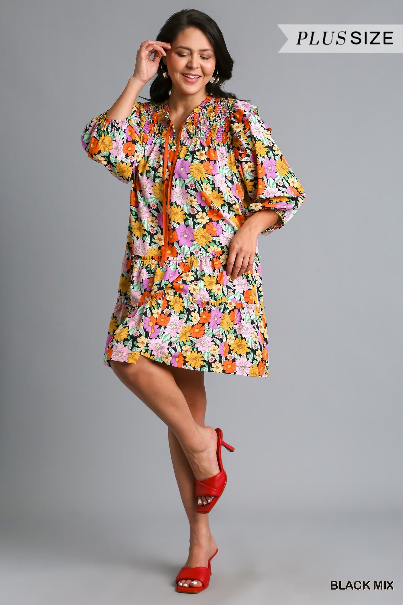 Umgee Plus Double Ruffle Flower Print Tiered Dress