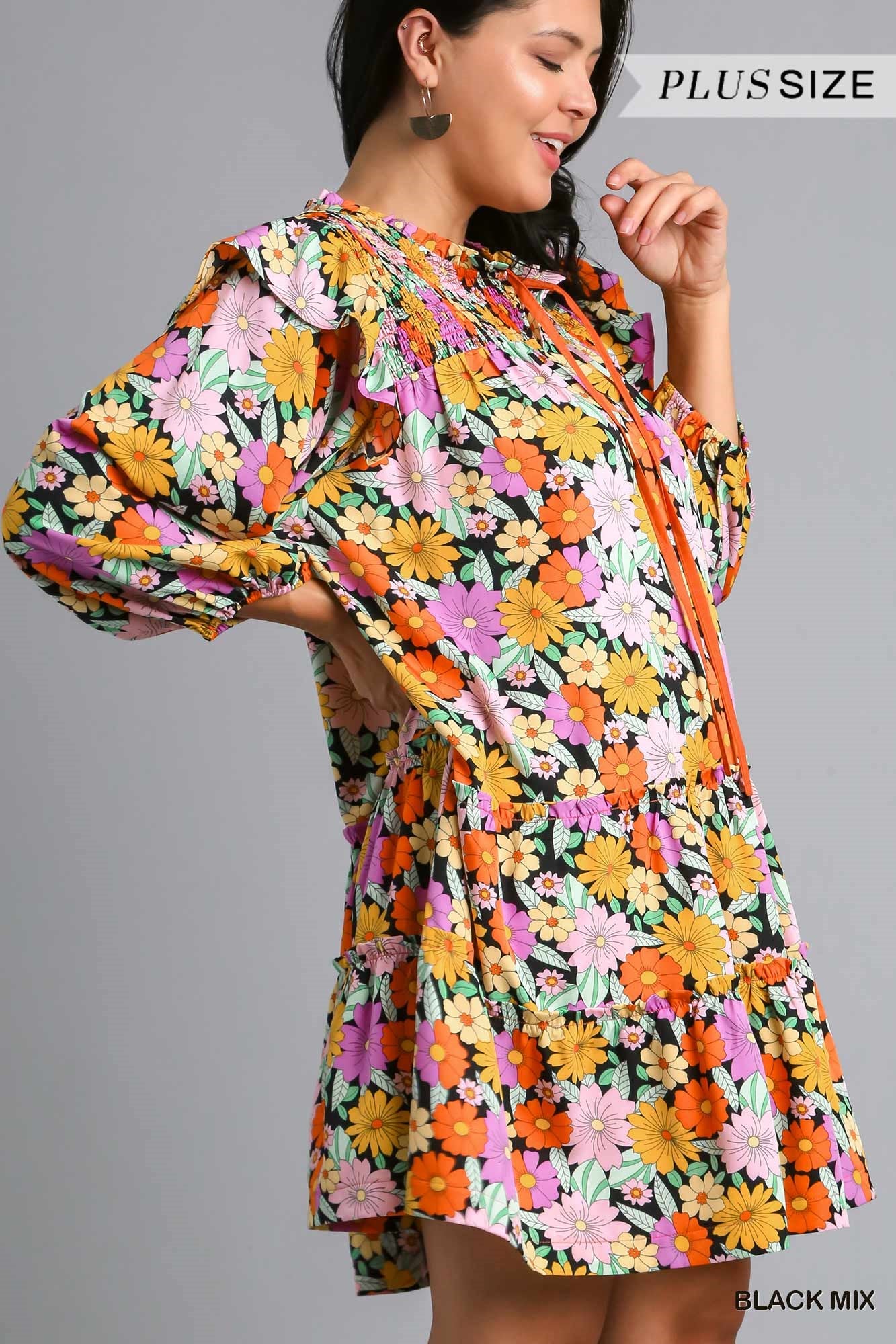 Umgee Plus Double Ruffle Flower Print Tiered Dress