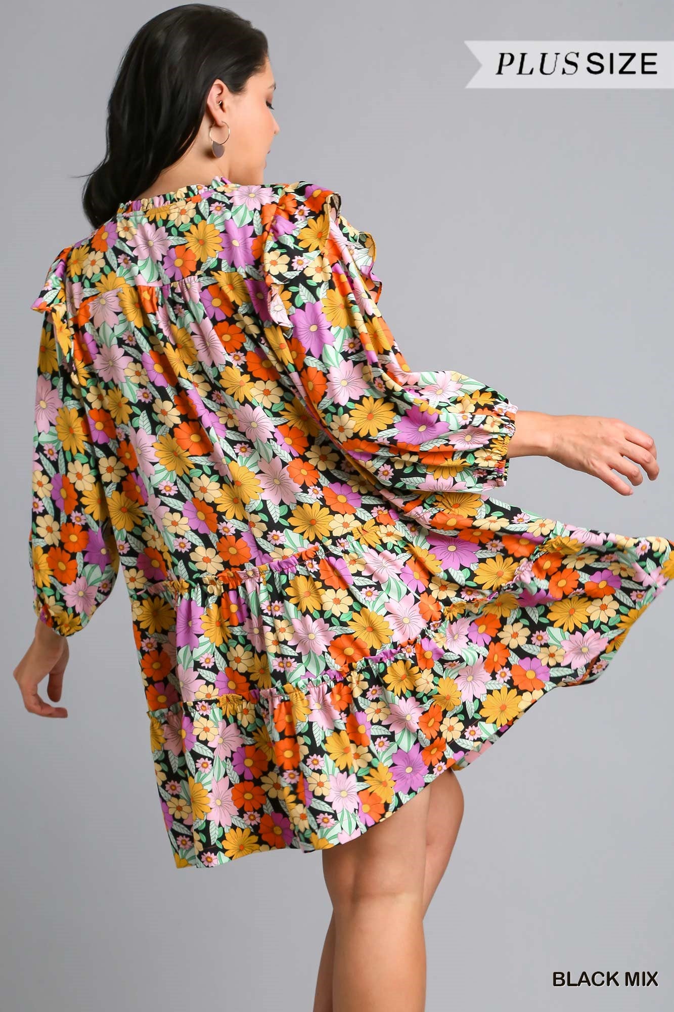 Umgee Plus Double Ruffle Flower Print Tiered Dress