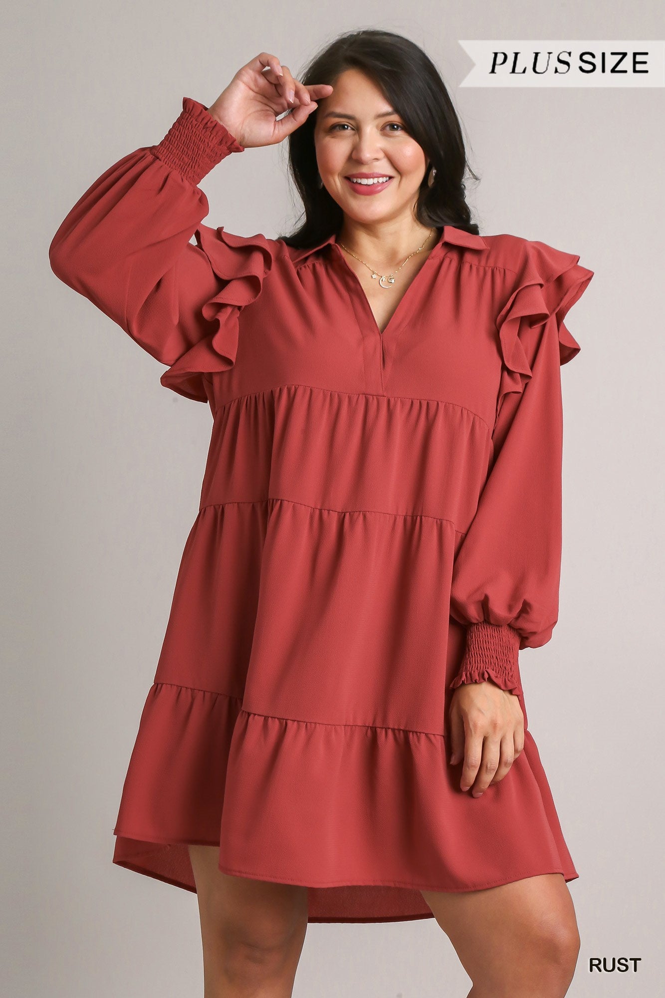 Umgee Plus Tiered Collared Double Ruffle Smocked Long Sleeve Dress