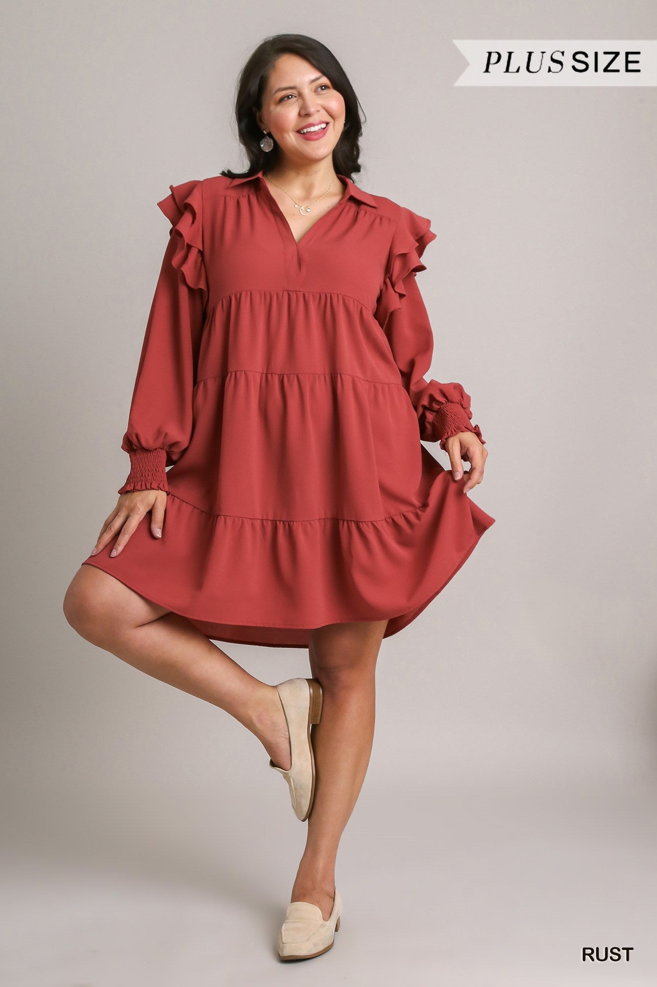 Umgee Plus Tiered Collared Double Ruffle Smocked Long Sleeve Dress