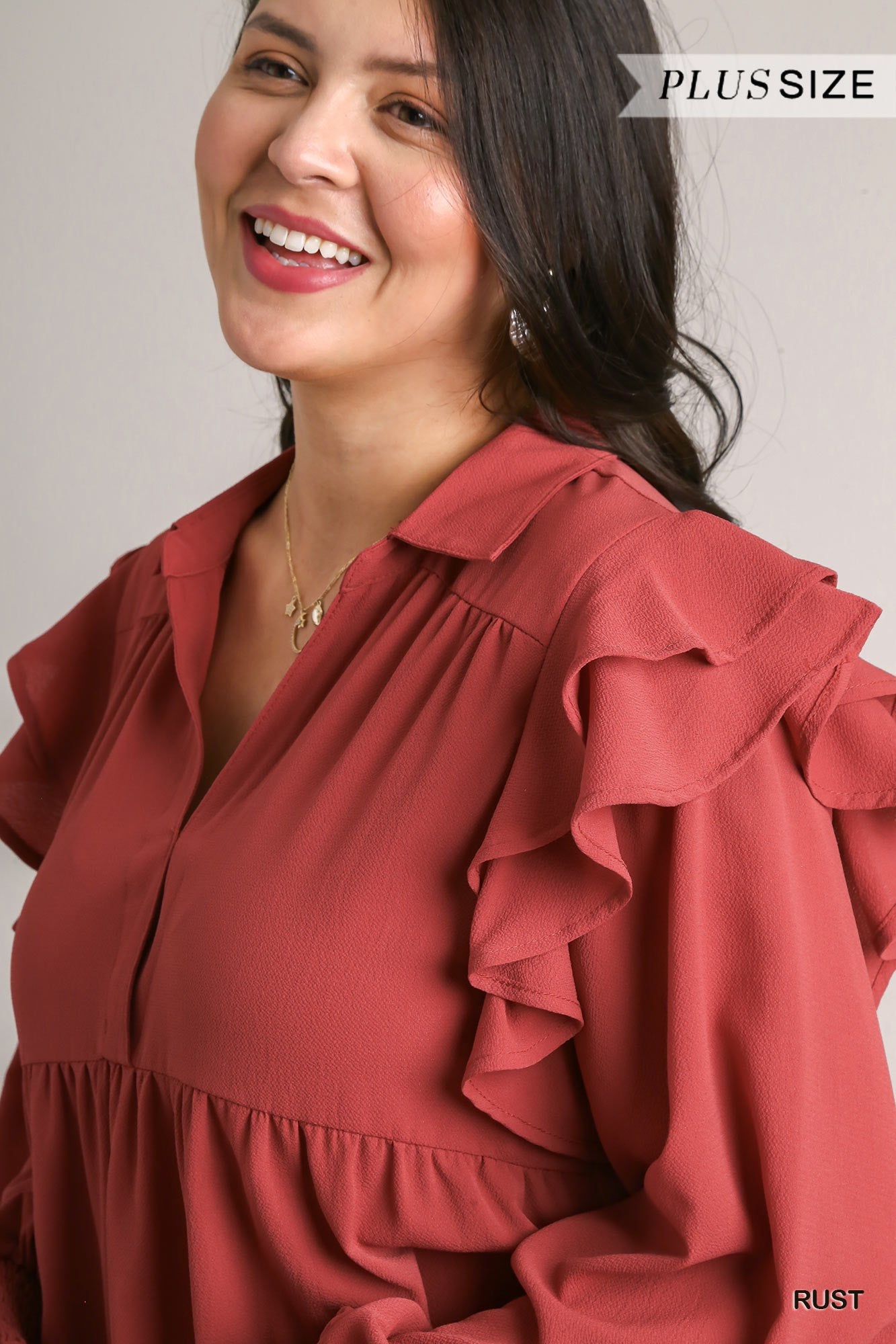 Umgee Plus Tiered Collared Double Ruffle Smocked Long Sleeve Dress