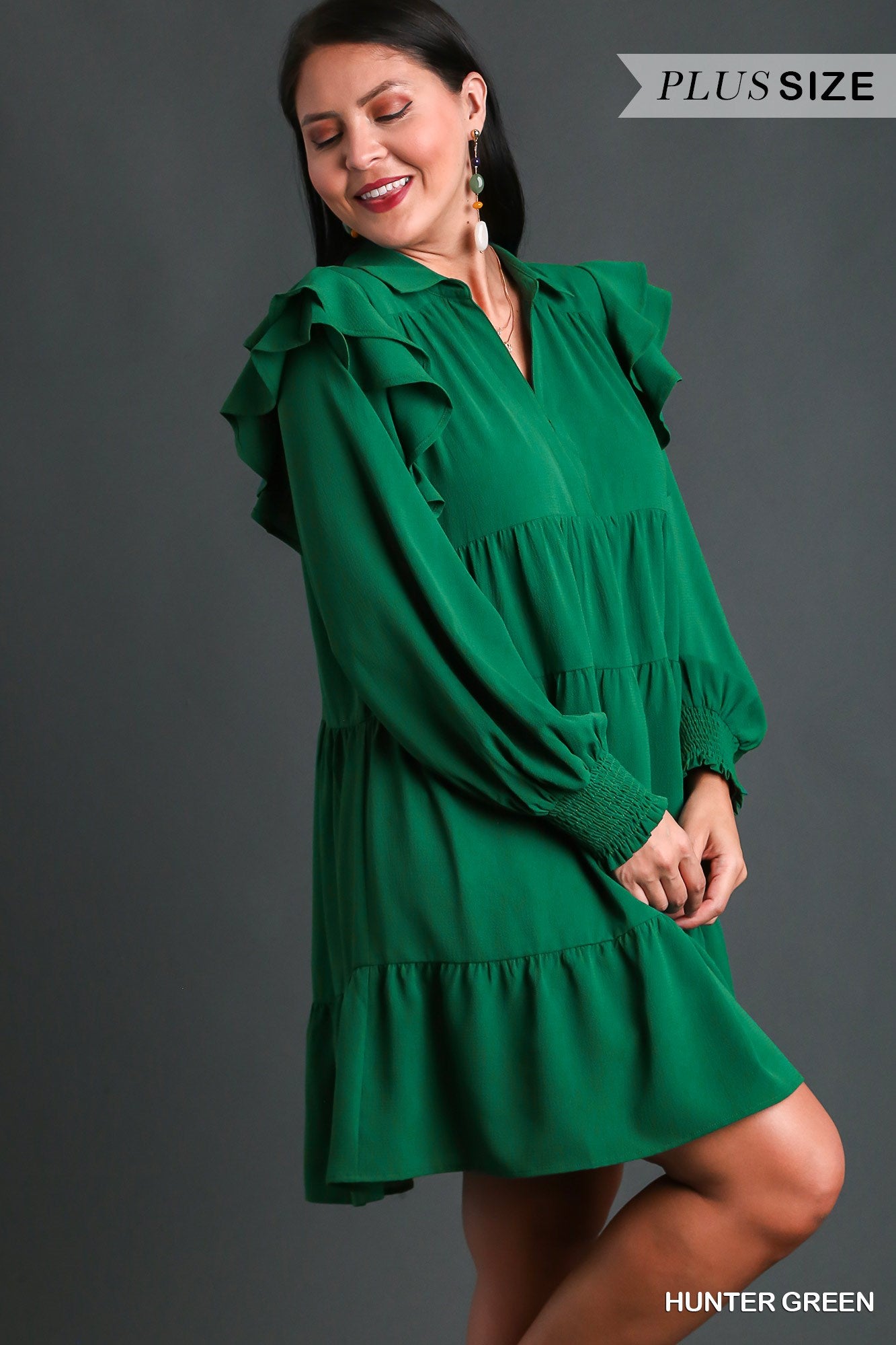 Umgee Plus Tiered Collared Double Ruffle Smocked Long Sleeve Dress
