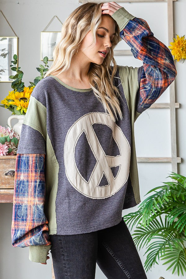 Oli & Hali Peace Applique Plaid Sleeve Pullover Top