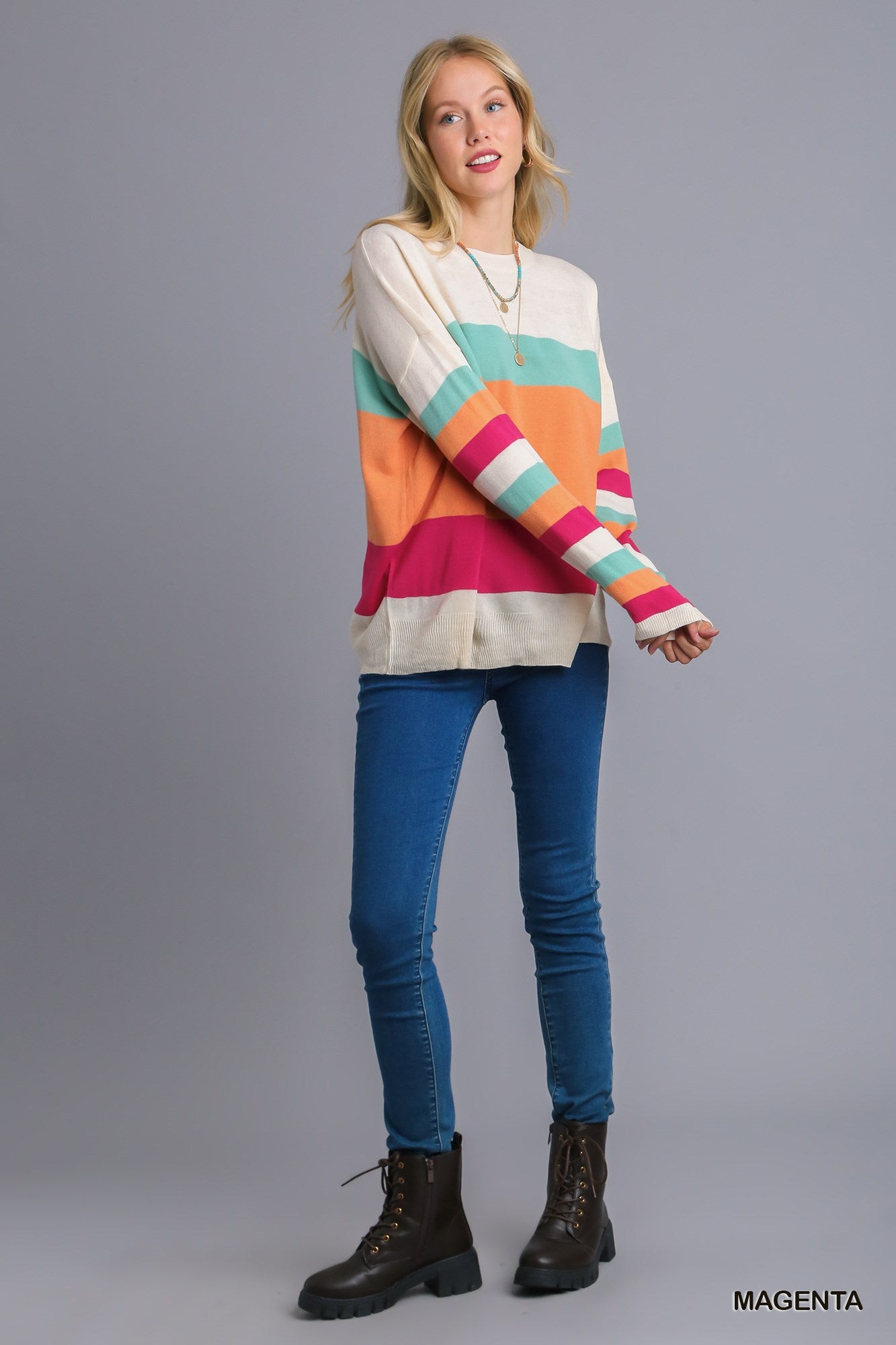 Umgee Stripe Light Weight Long Sleeve Pullover Sweater - Roulhac Fashion Boutique