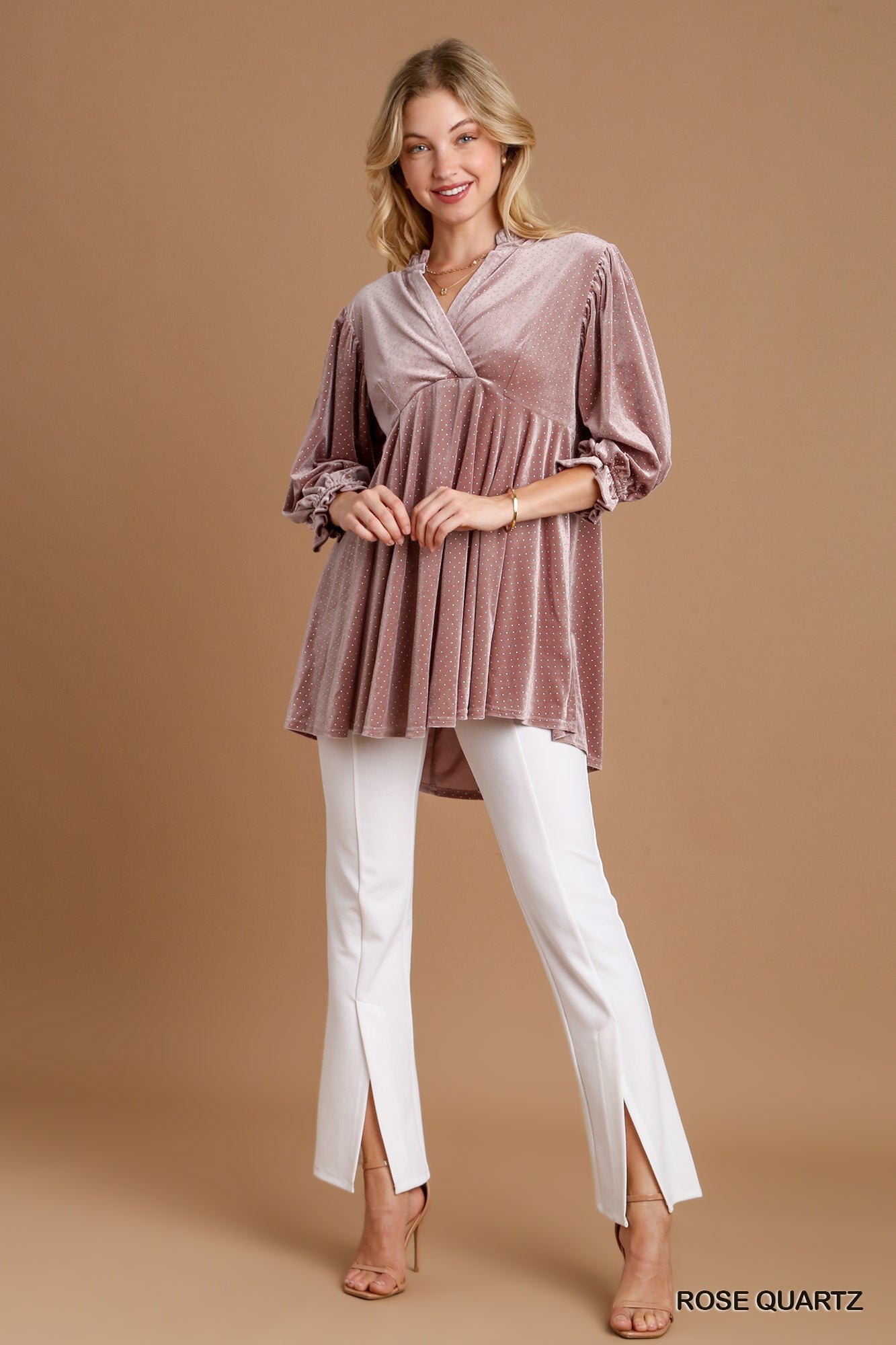 Umgee Beaded Velvet BabyDoll Dotted V Neck Tunic Dress - Roulhac Fashion Boutique