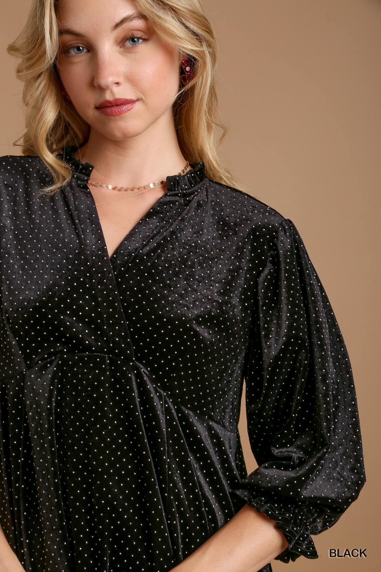 Umgee Beaded Velvet BabyDoll Dotted V Neck Tunic Dress