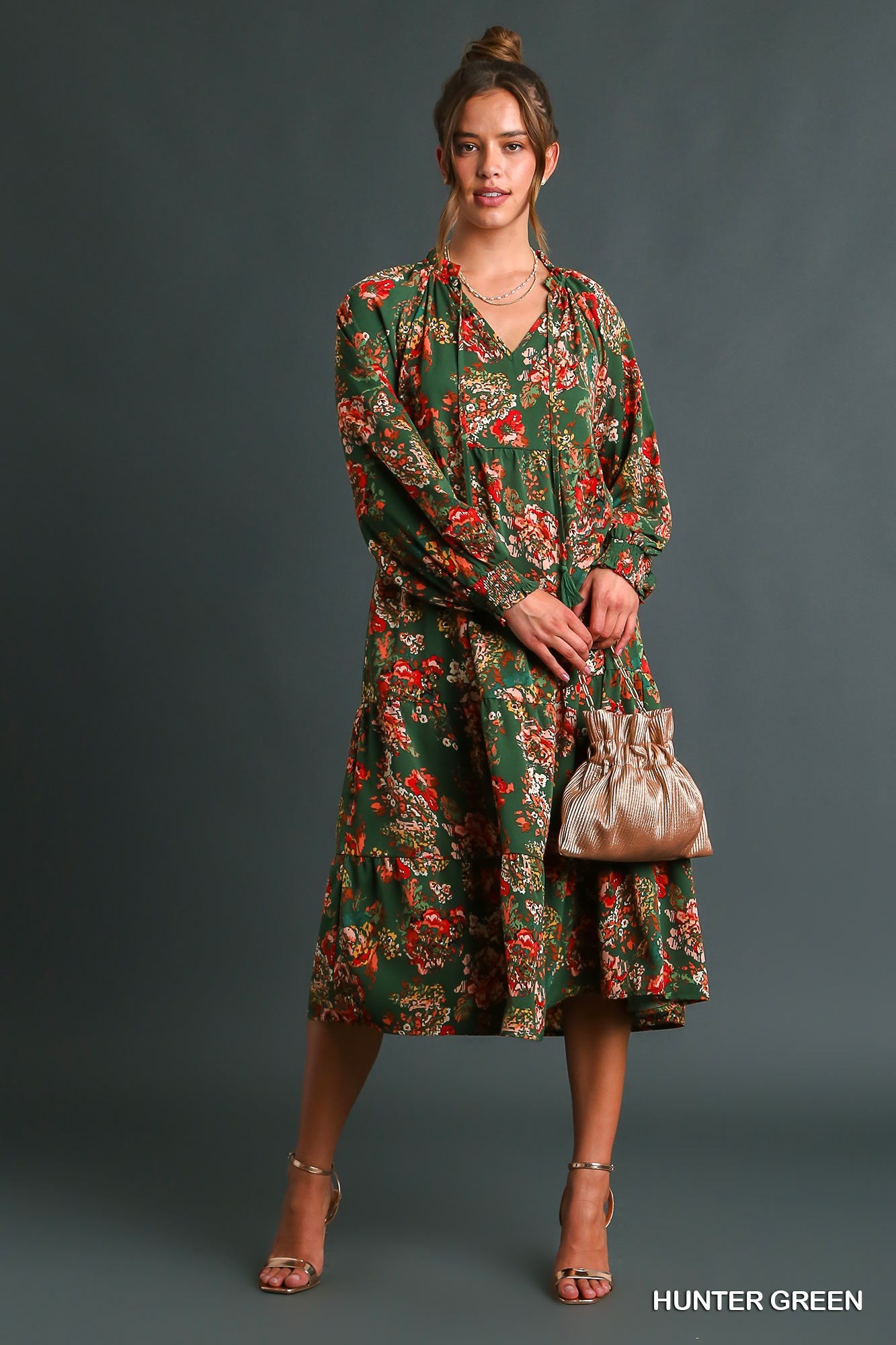 Umgee Floral Print Ruffle V-Neck Tiered Tassel Detail Maxi Dress - Roulhac Fashion Boutique