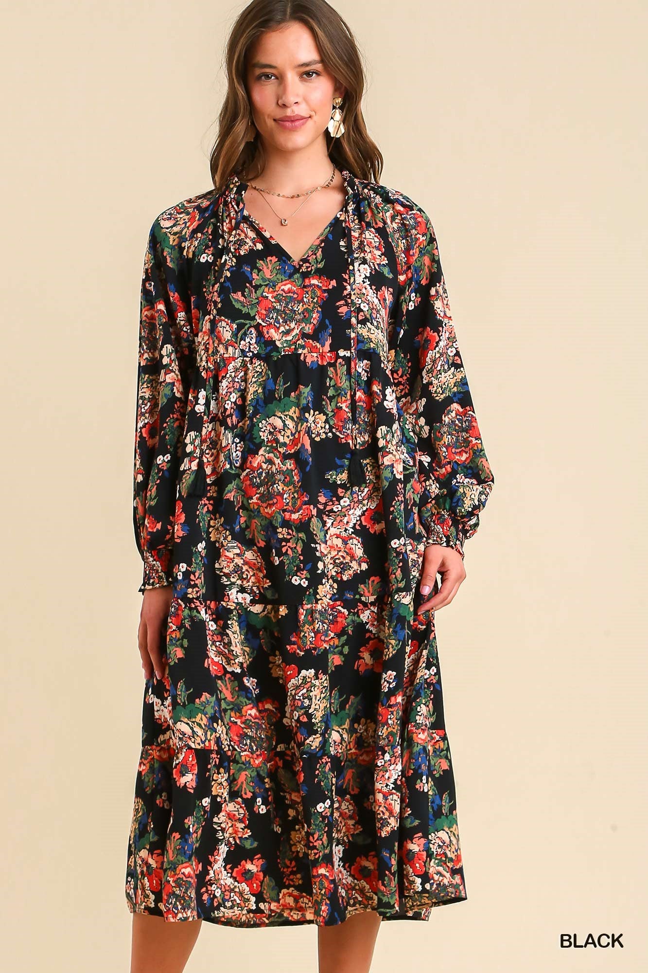 Umgee Floral Print Ruffle V-Neck Tiered Tassel Detail Maxi Dress