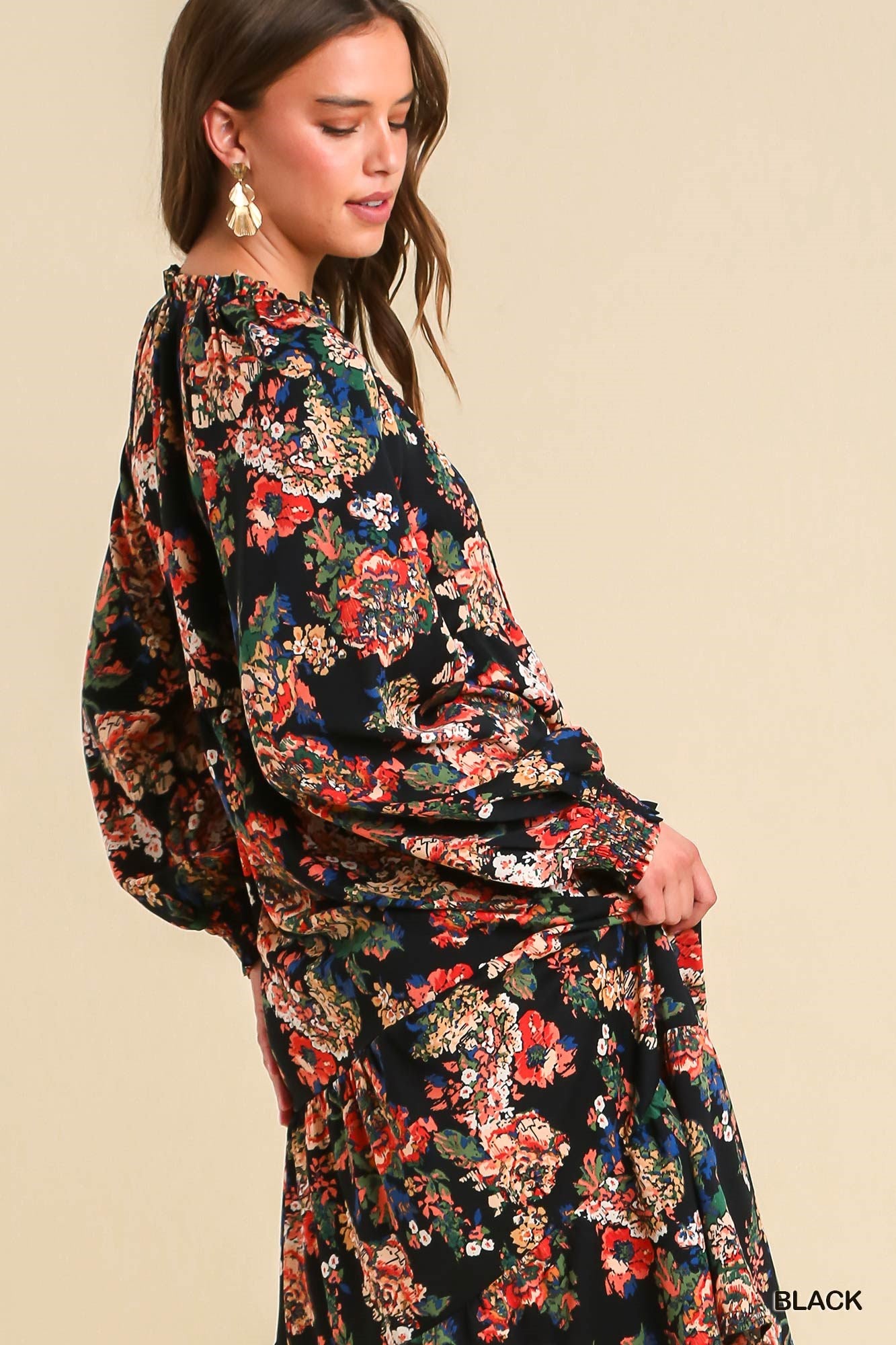 Umgee Floral Print Ruffle V-Neck Tiered Tassel Detail Maxi Dress