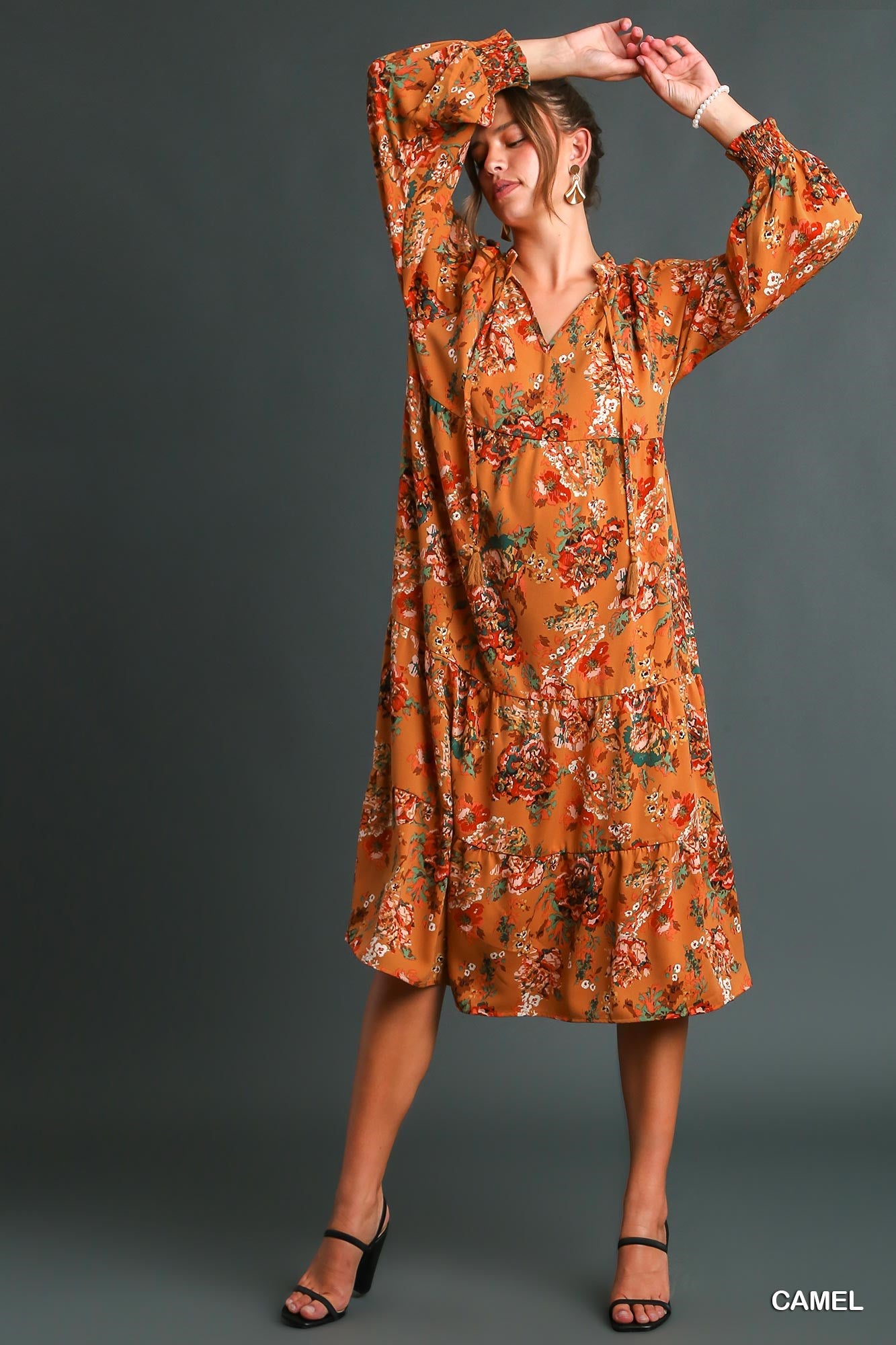 Umgee Floral Print Ruffle V-Neck Tiered Tassel Detail Maxi Dress - Roulhac Fashion Boutique