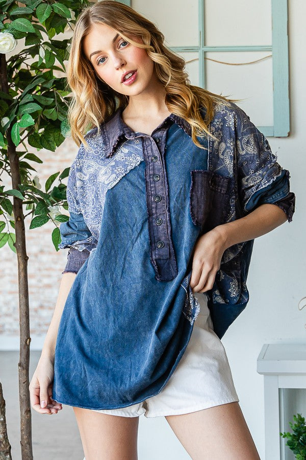 Oli & Hali Washed Fabric Mixed Long Sleeve Top