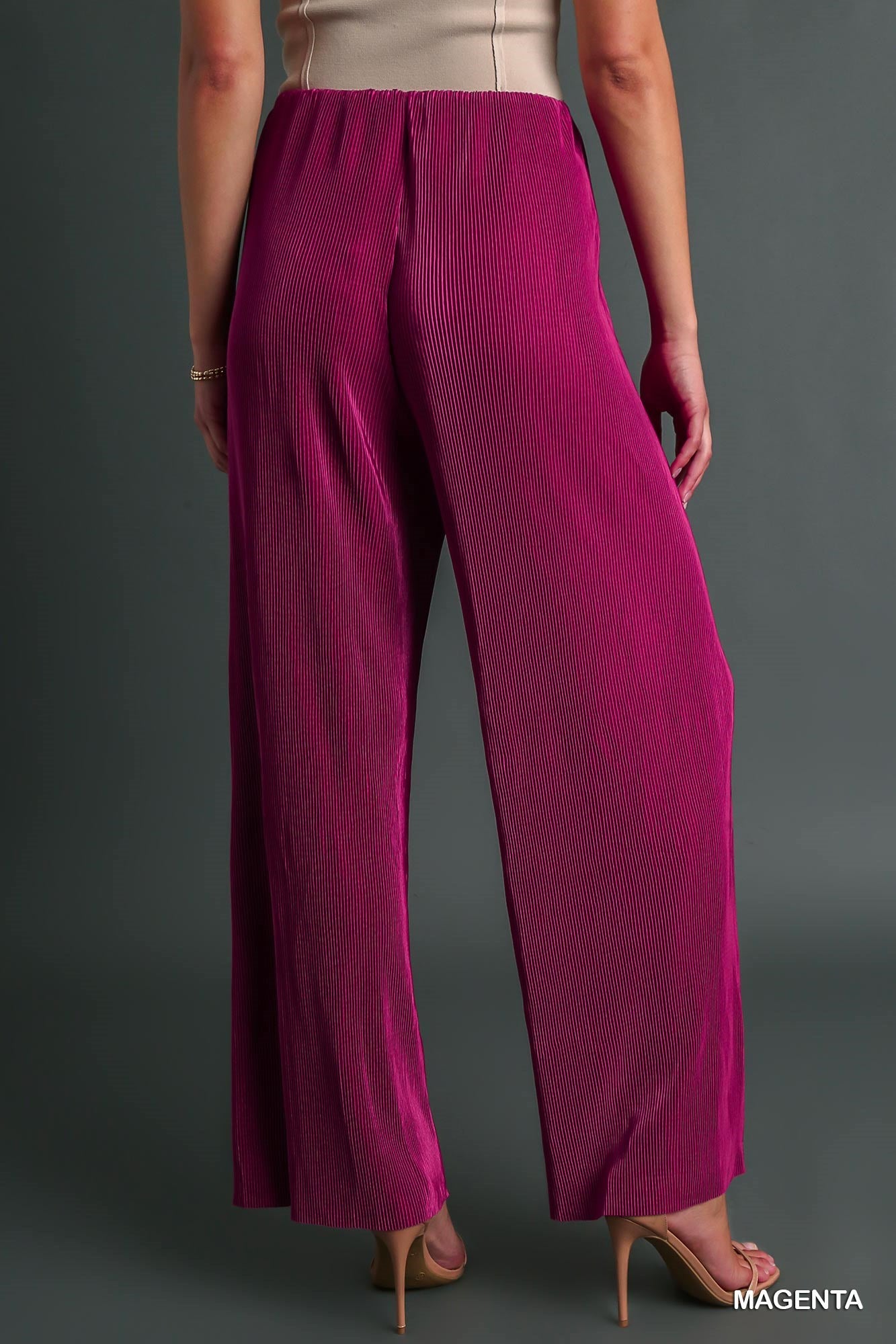 Umgee Pleated Satin Wide Bottoms with Elastic Waistband Pants
