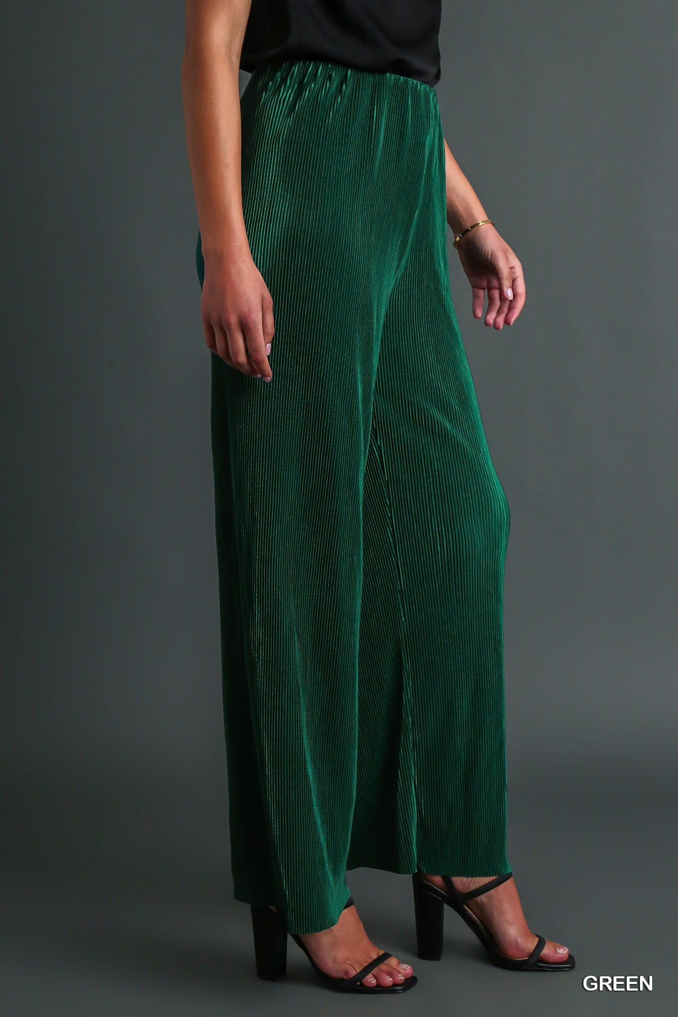 Umgee Pleated Satin Wide Bottoms with Elastic Waistband Pants