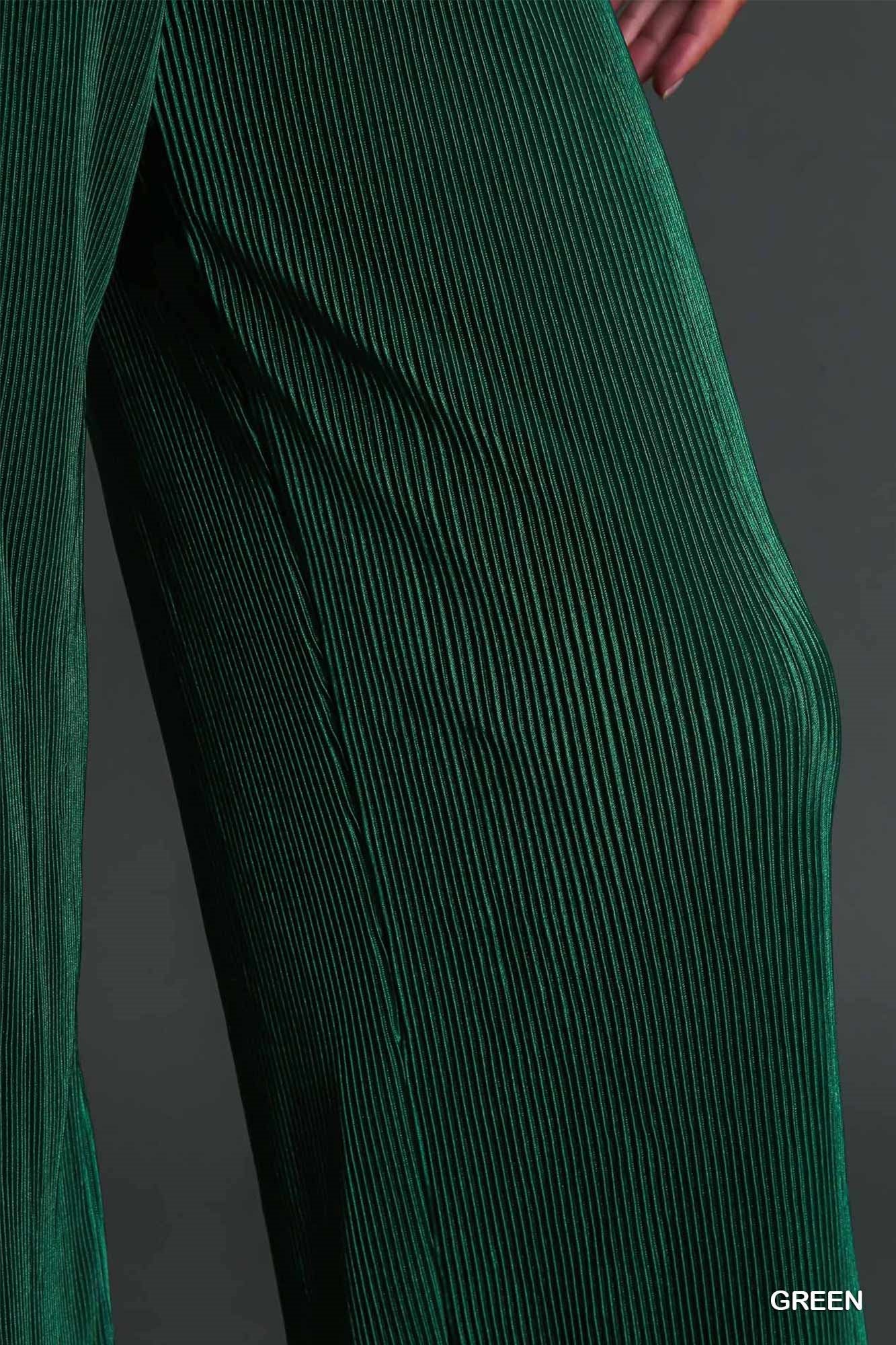 Umgee Pleated Satin Wide Bottoms with Elastic Waistband Pants