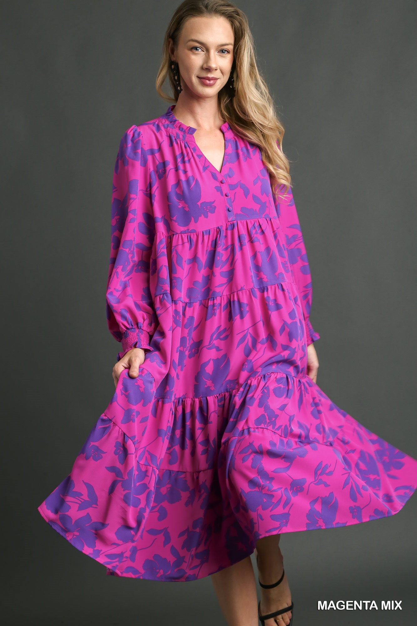 Umgee Mix Flroral Print Tiered Ruffle V-Neck Long Sleeeve Midi Dress - Roulhac Fashion Boutique