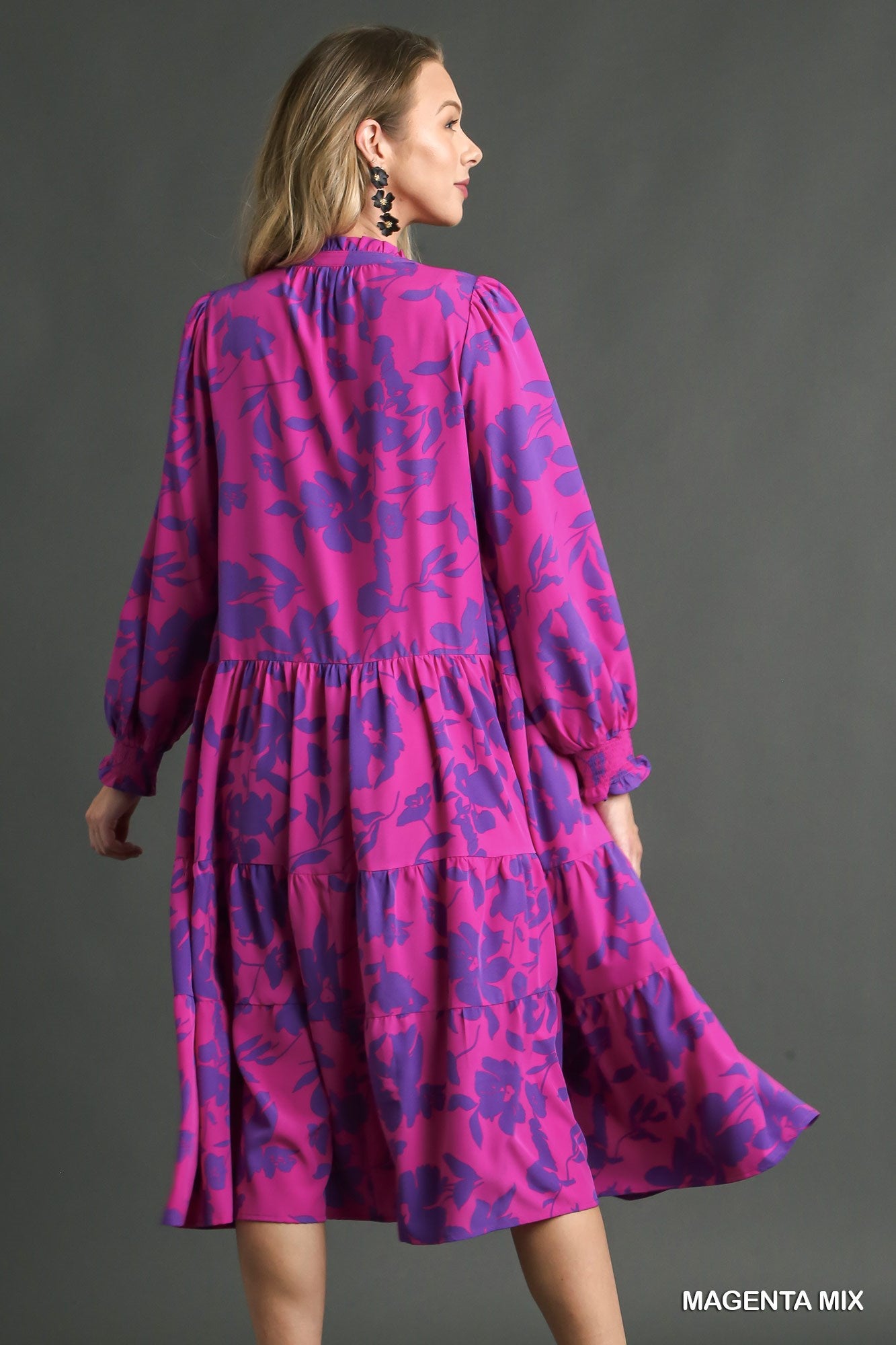 Umgee Mix Flroral Print Tiered Ruffle V-Neck Long Sleeeve Midi Dress - Roulhac Fashion Boutique