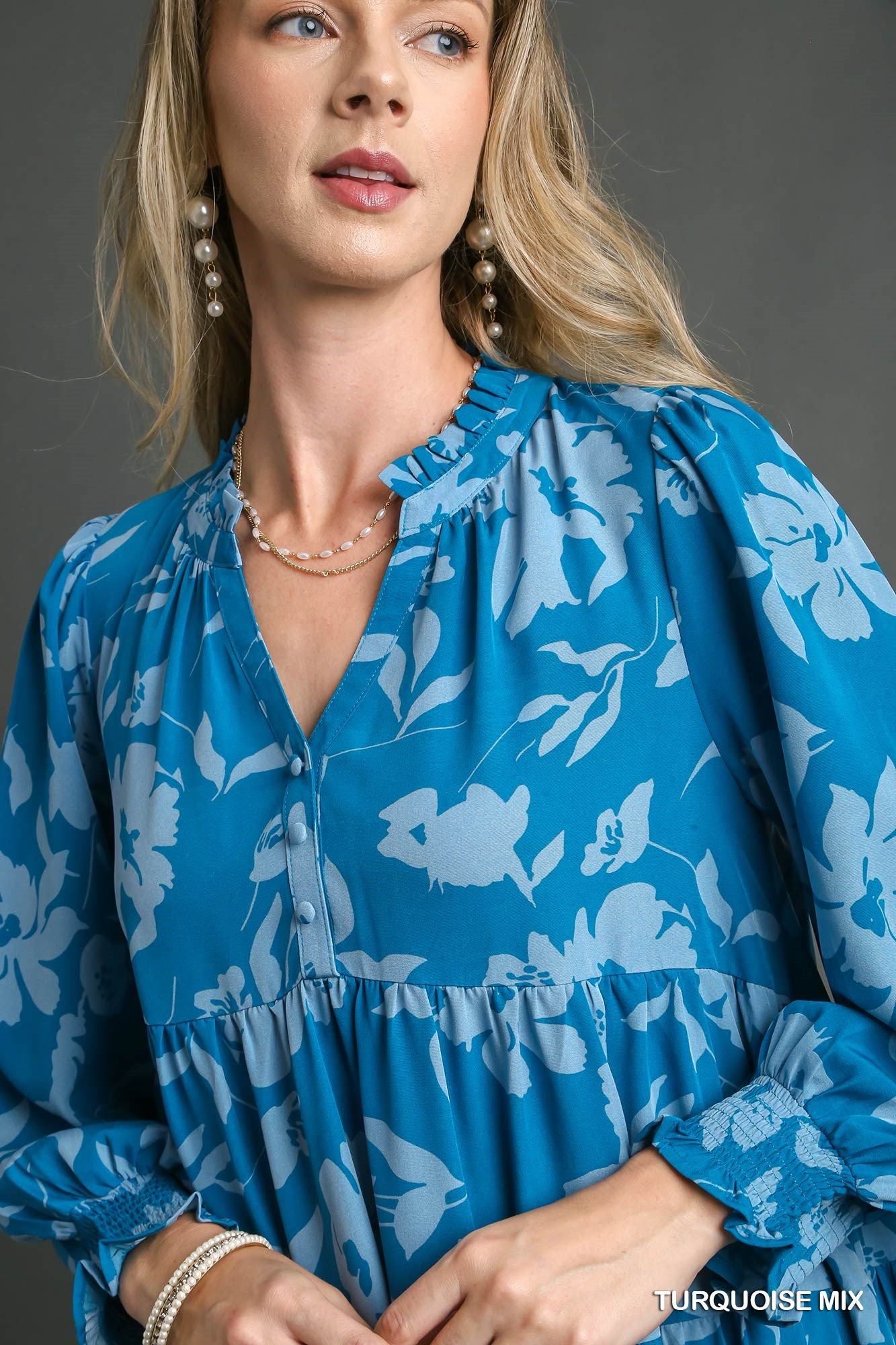 Umgee Mix Flroral Print Tiered Ruffle V-Neck Long Sleeeve Midi Dress