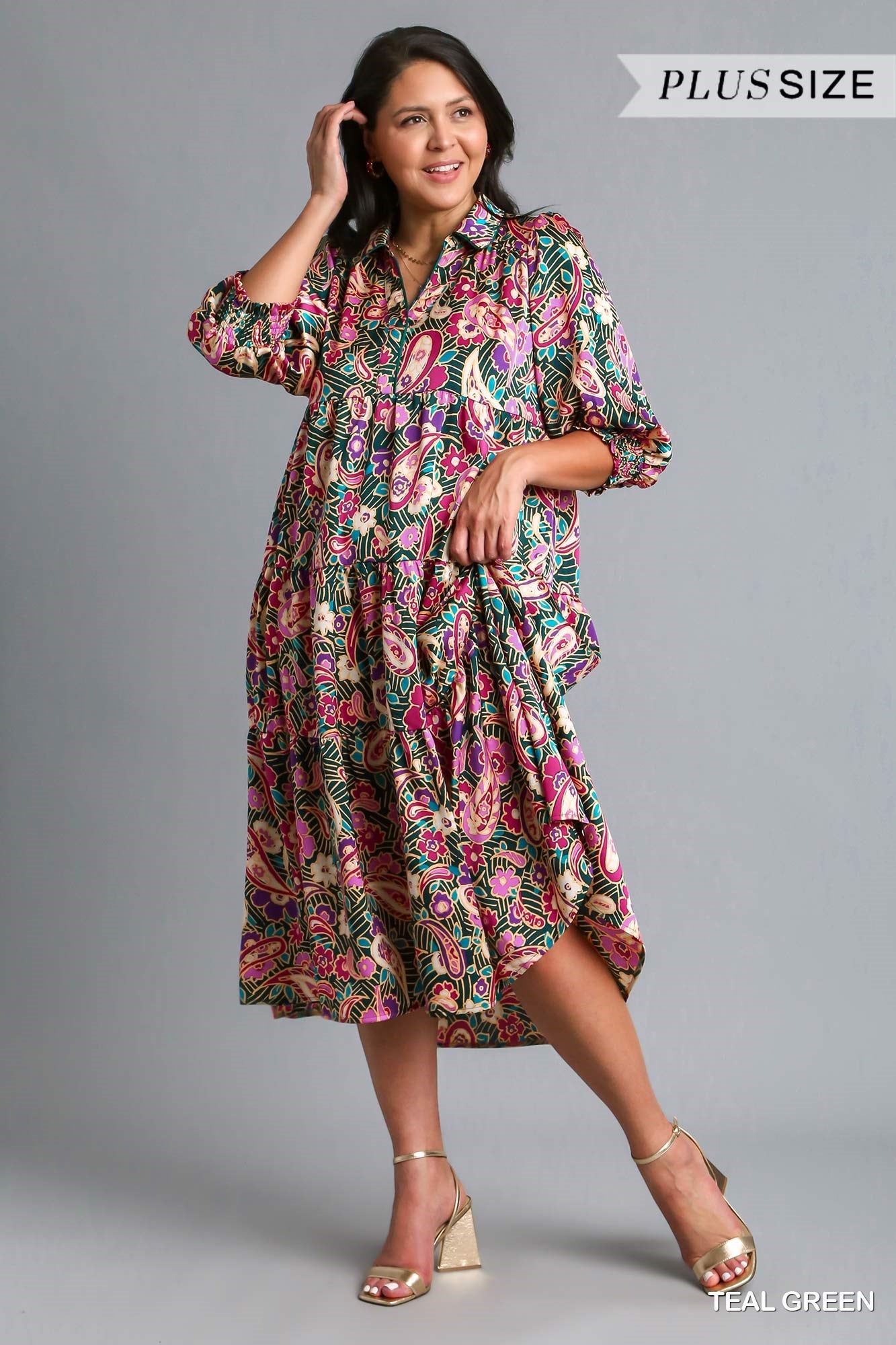 Umgee Plus Satin Paisley Tiered Midi Collar Dress