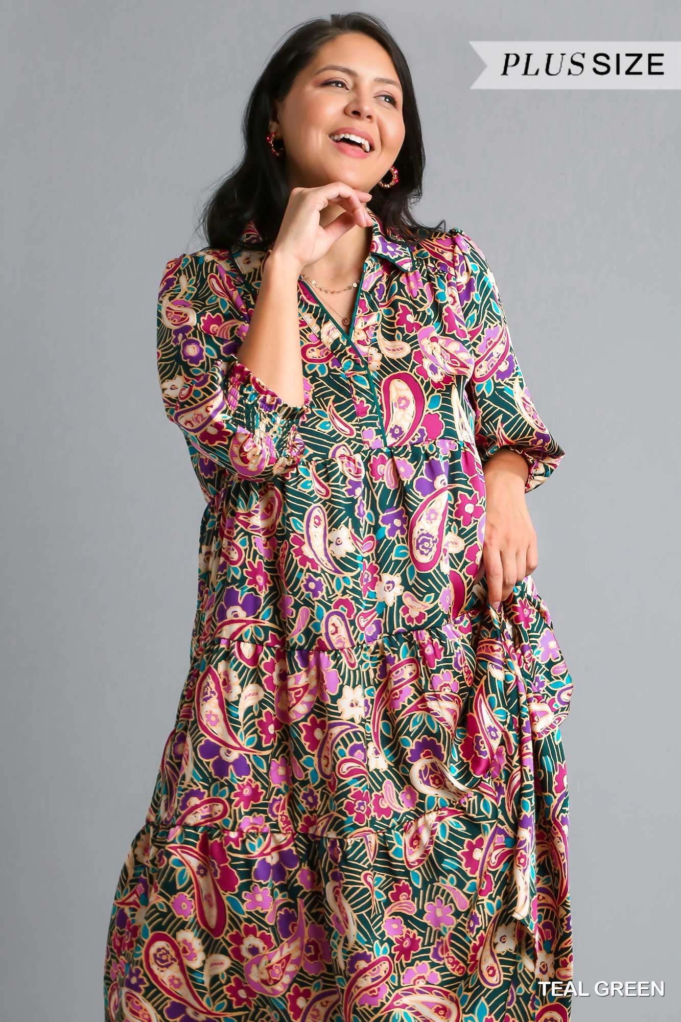 Umgee Plus Satin Paisley Tiered Midi Collar Dress