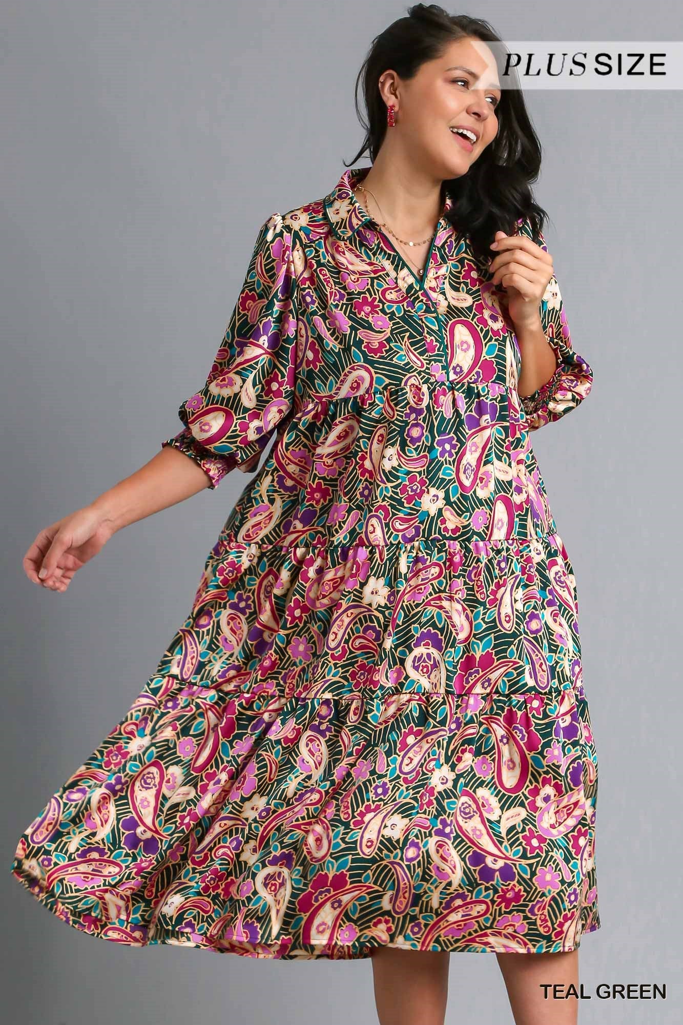 Umgee Plus Satin Paisley Tiered Midi Collar Dress