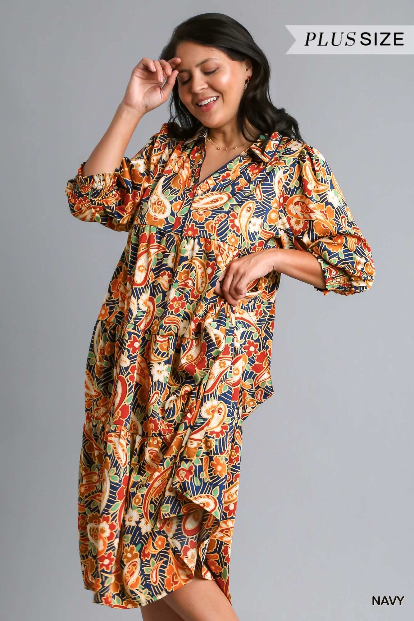 Umgee Plus Satin Paisley Tiered Midi Collar Dress