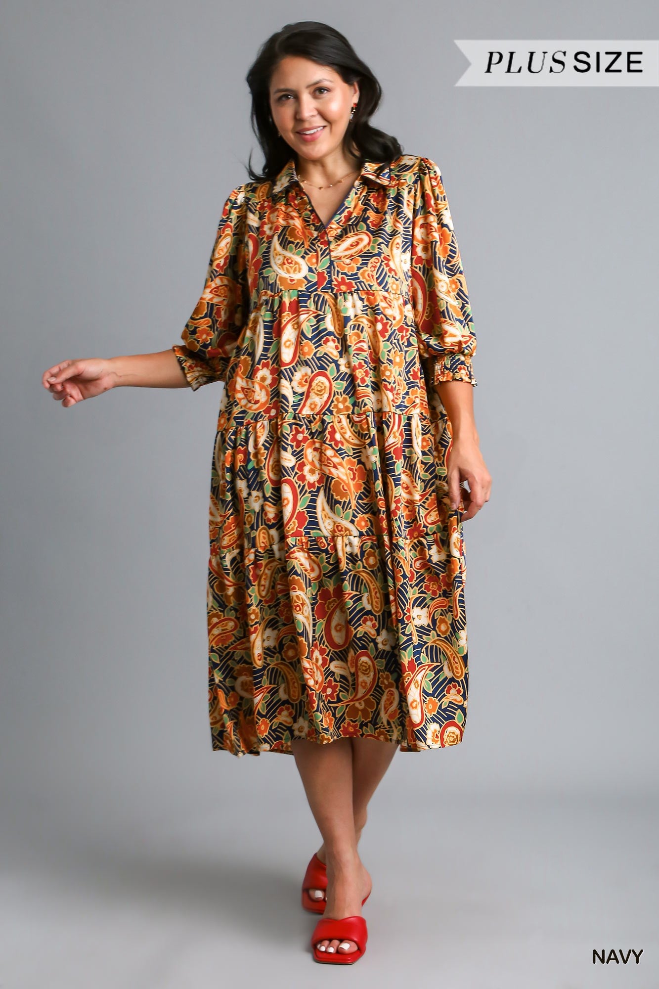 Umgee Plus Satin Paisley Tiered Midi Collar Dress