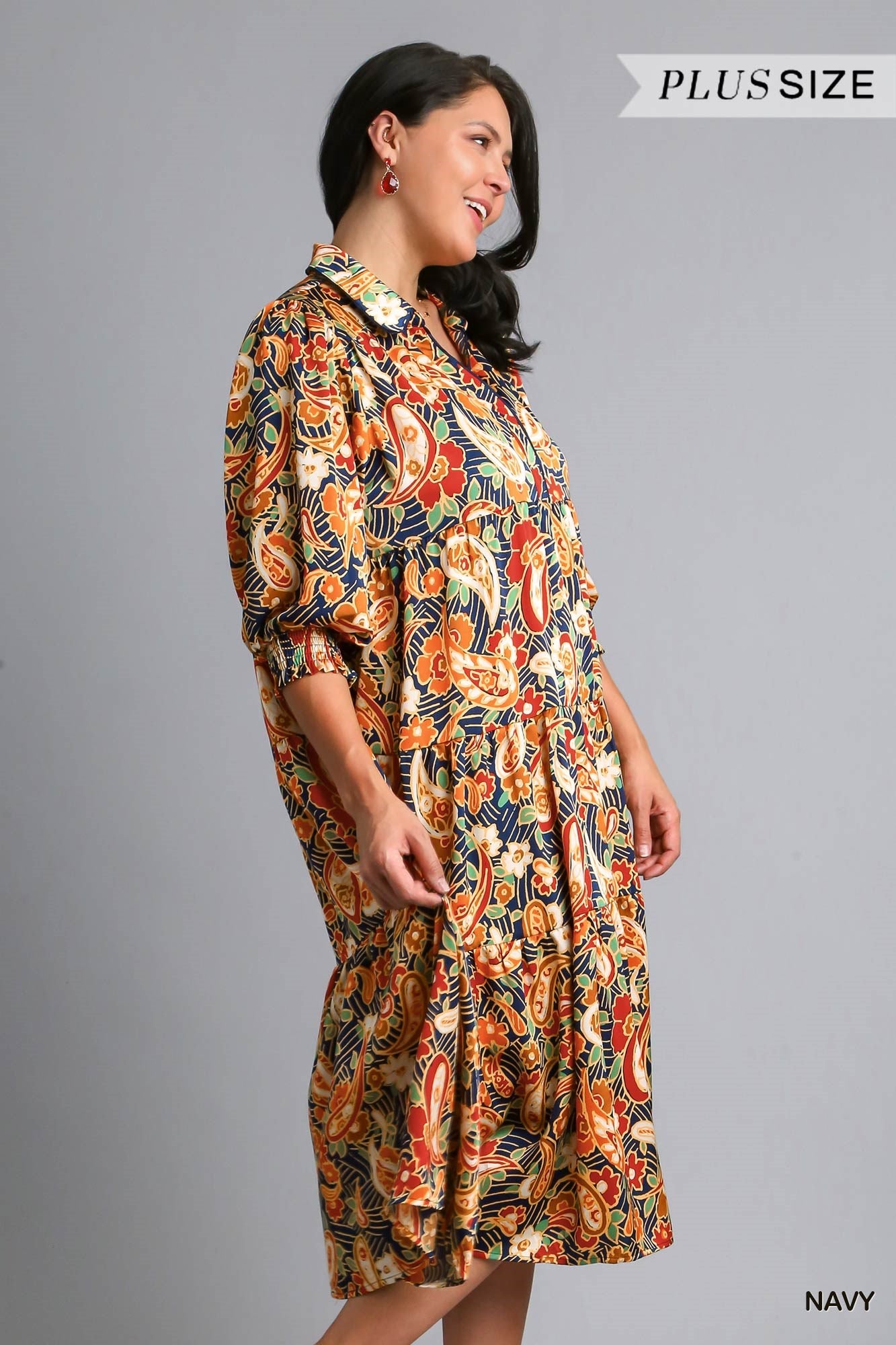 Umgee Plus Satin Paisley Tiered Midi Collar Dress