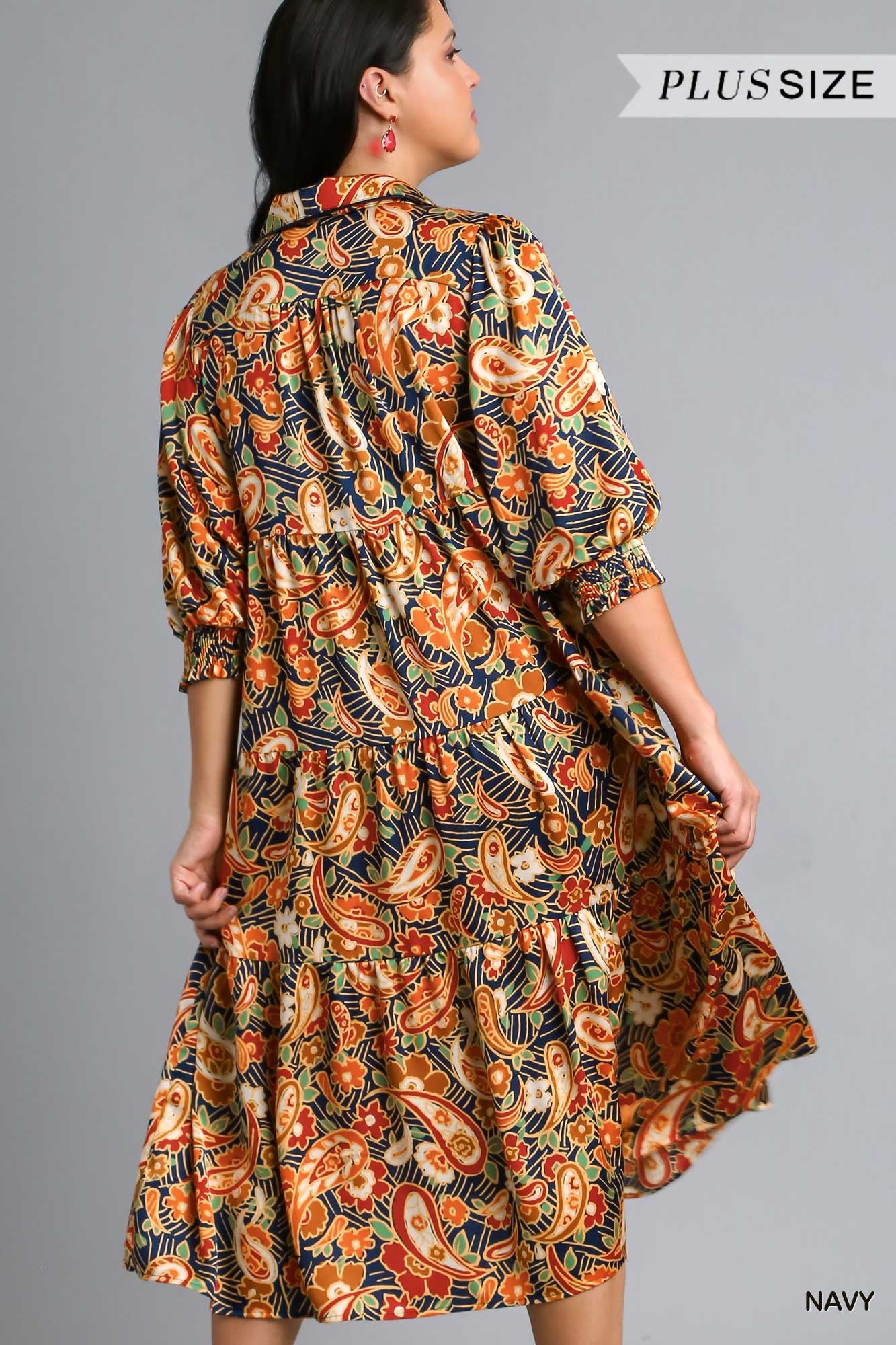 Umgee Plus Satin Paisley Tiered Midi Collar Dress