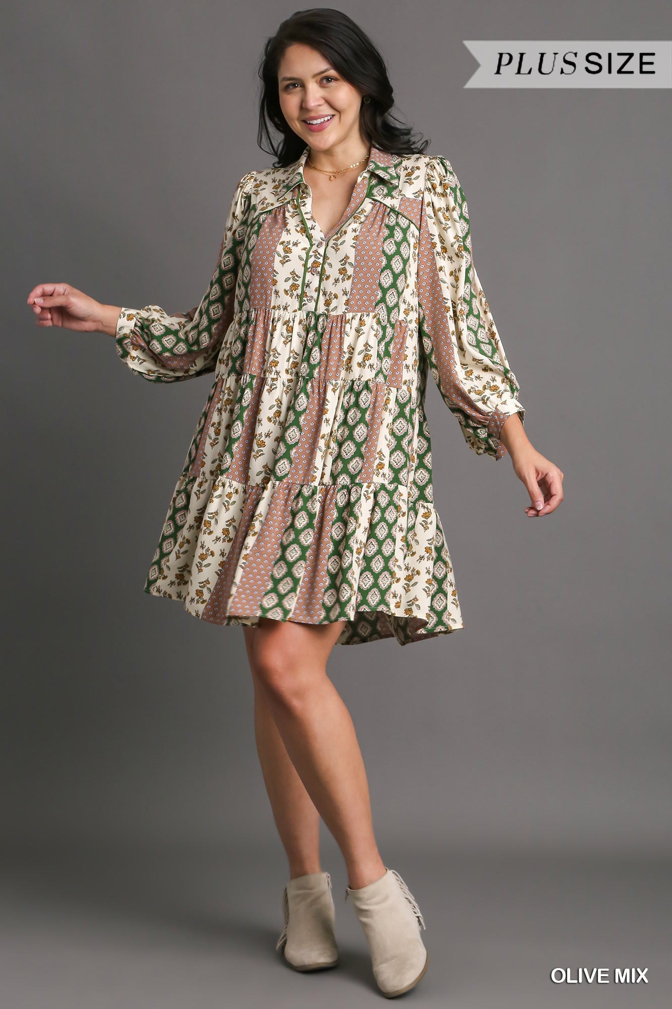 Umgee Plus Mixed Print Puff Sleeve Tiered Dress