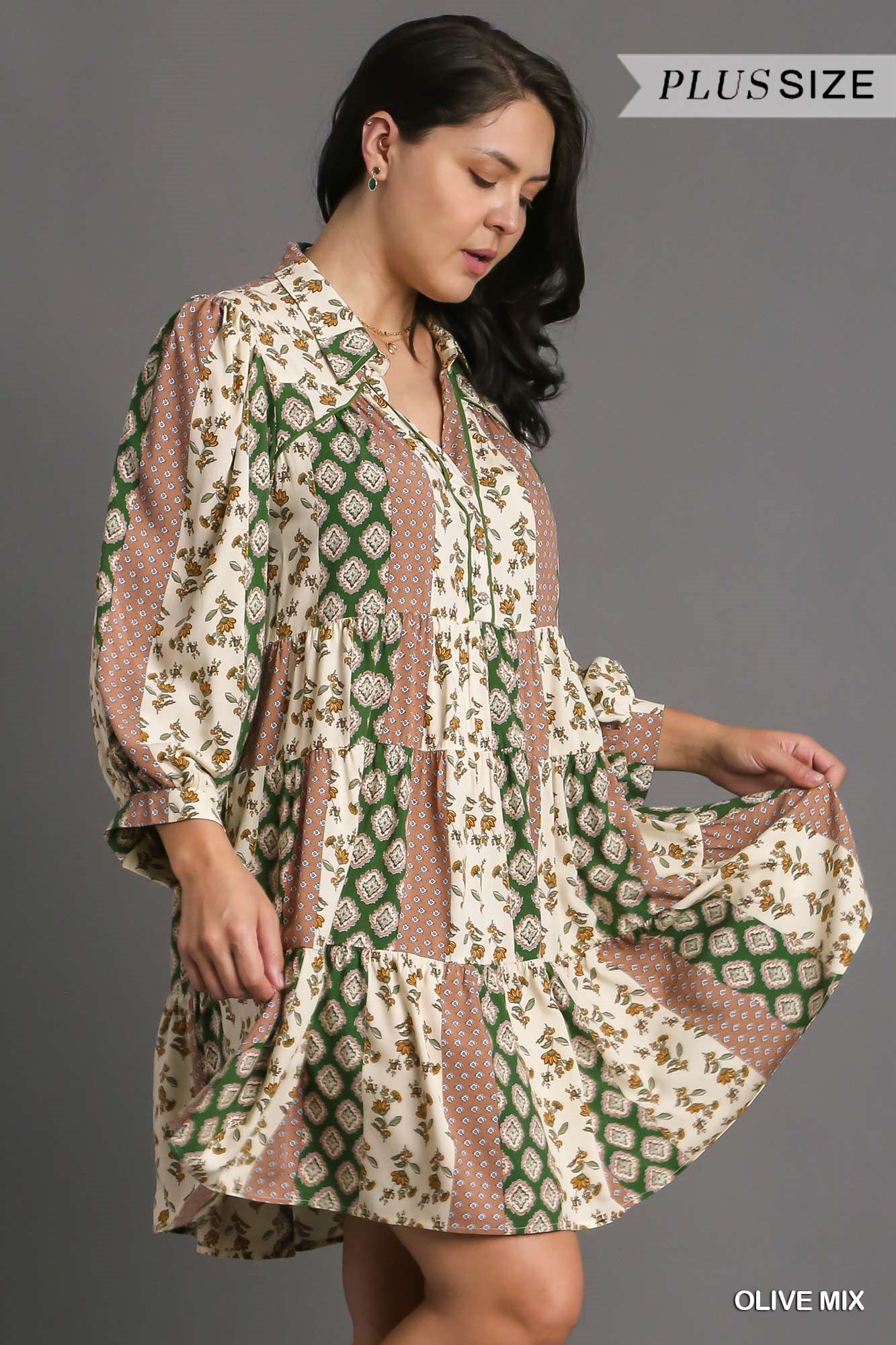 Umgee Plus Mixed Print Puff Sleeve Tiered Dress