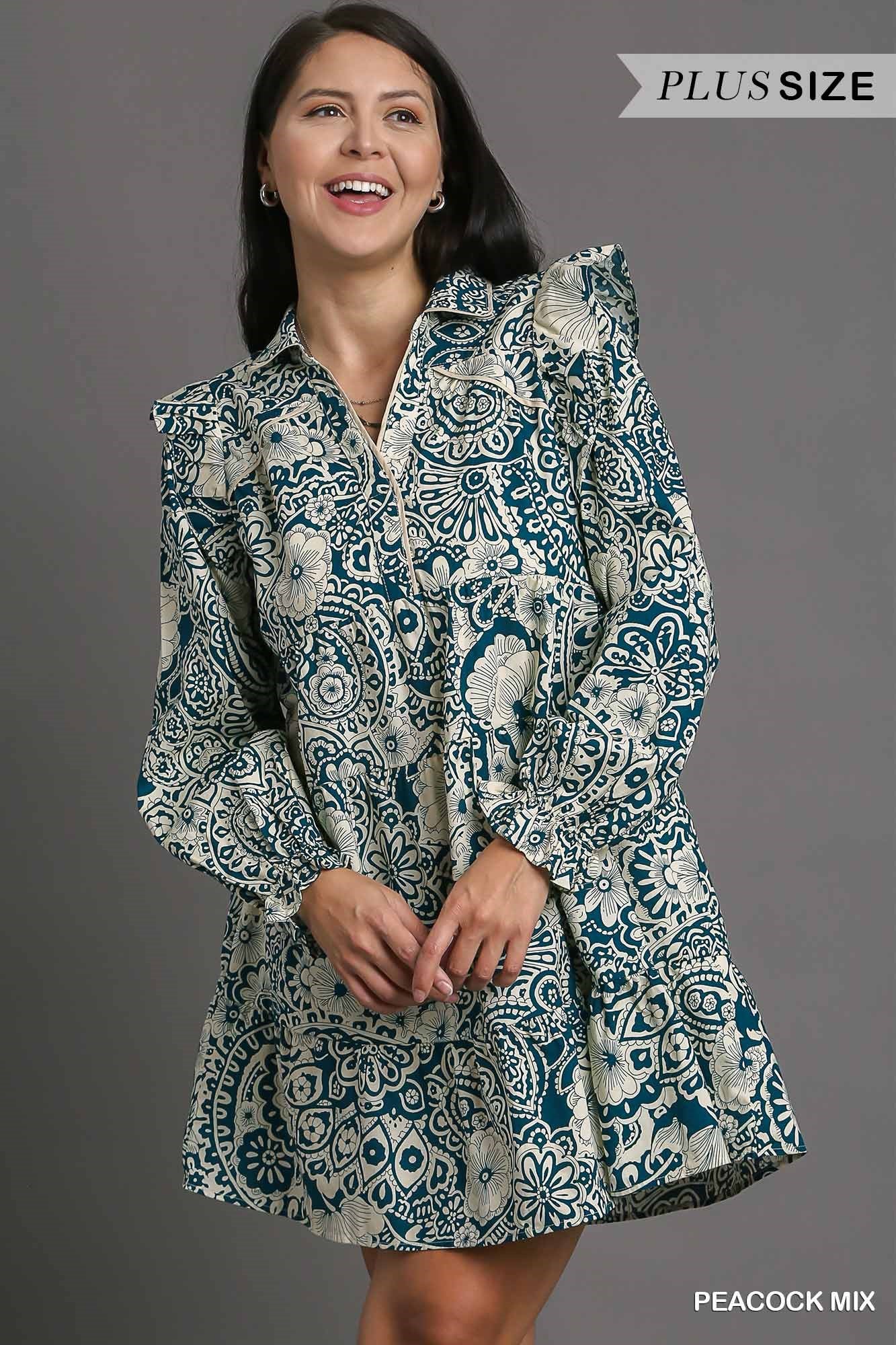 Umgee Plus Mixed Print Flutter Ruffle Long Sleeve Dress
