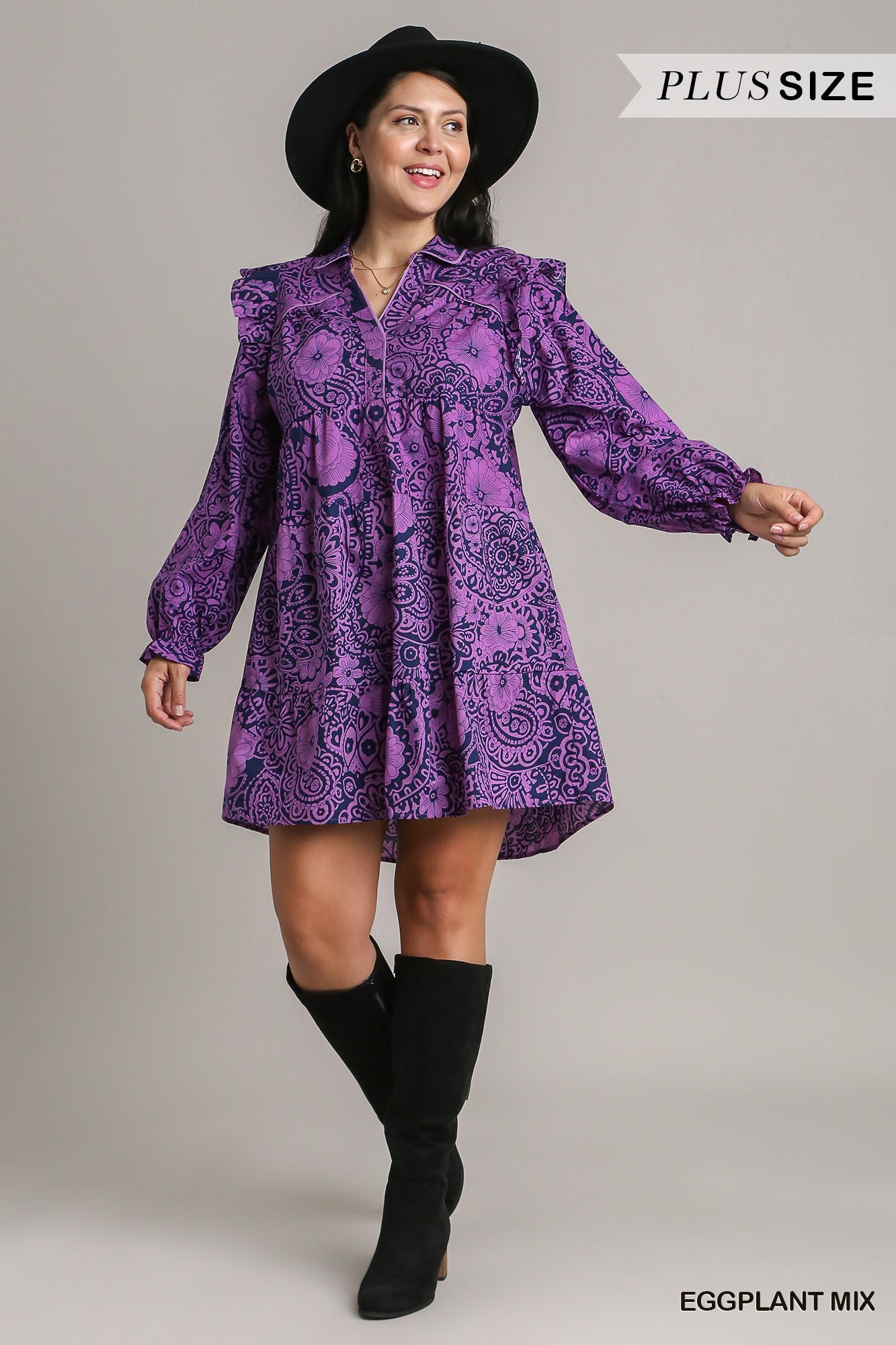 Umgee Plus Mixed Print Flutter Ruffle Long Sleeve Dress