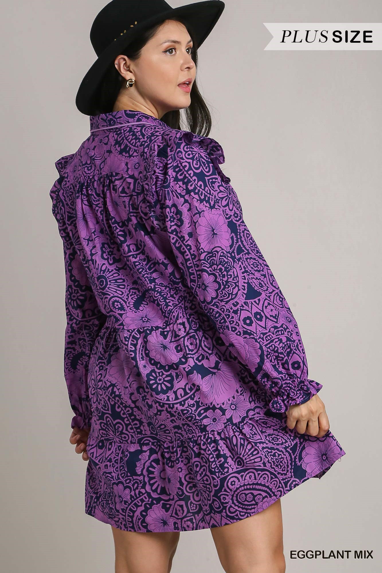 Umgee Plus Mixed Print Flutter Ruffle Long Sleeve Dress