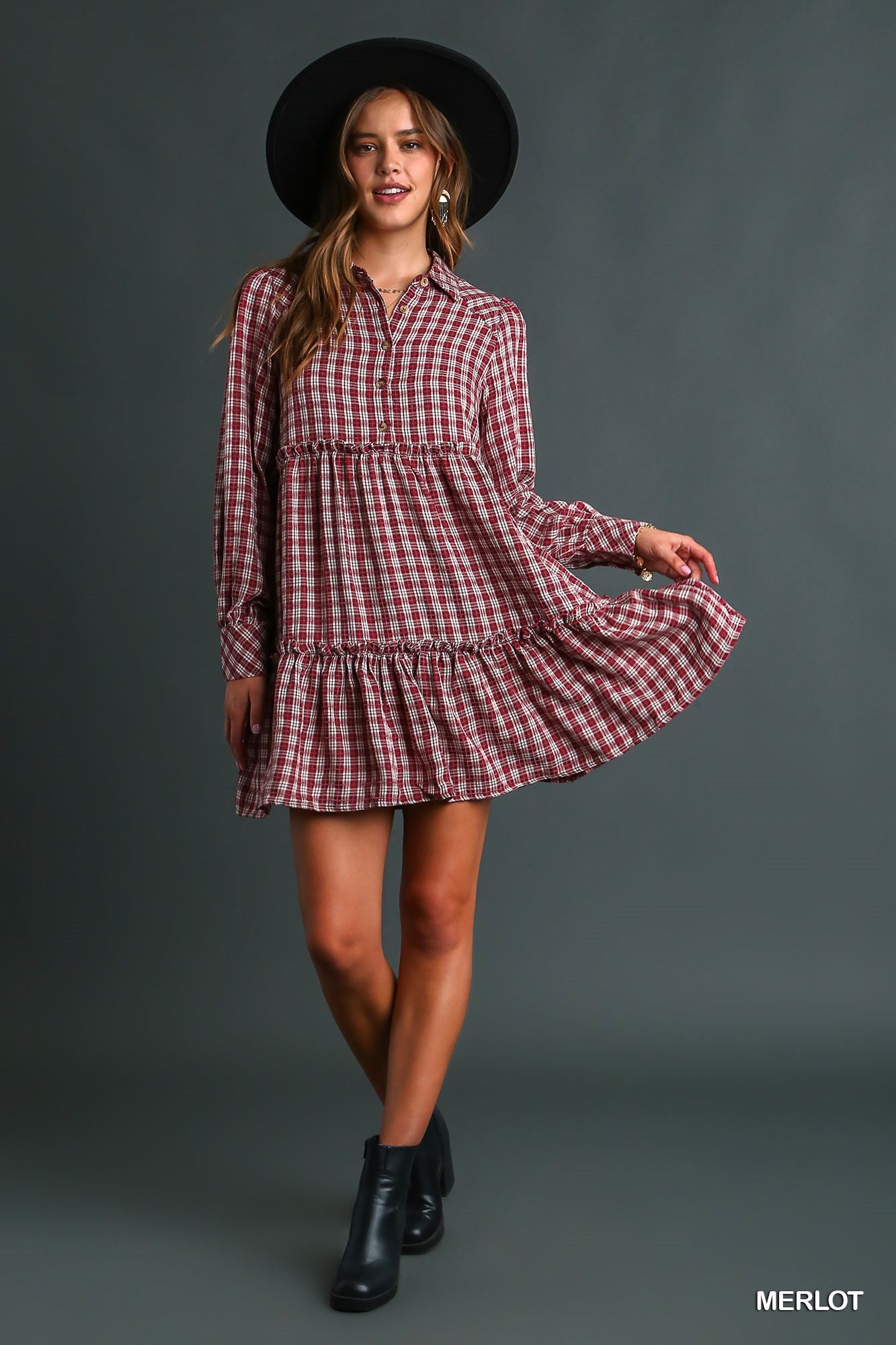 Umgee Long Sleeve Ruffle Tiers Plaid Side Pockets Dress - Roulhac Fashion Boutique